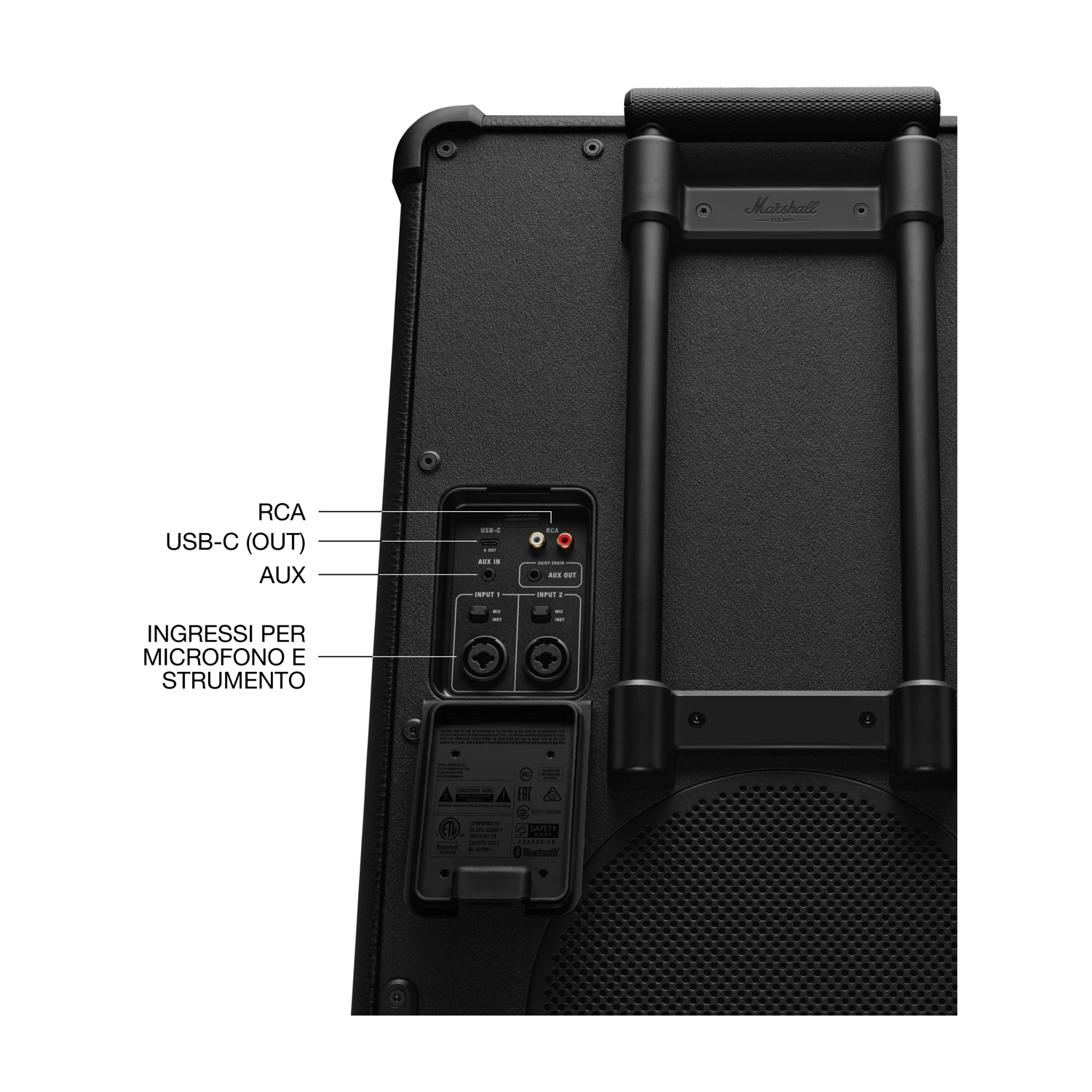 Schwarze Lautsprecherrückseite mit Eingängen: RCA, USB-C, AUX und Mikrofon/Instrument. Griff oben, Marshall-Logo. Bluetooth und Sicherheitskennzeichen.