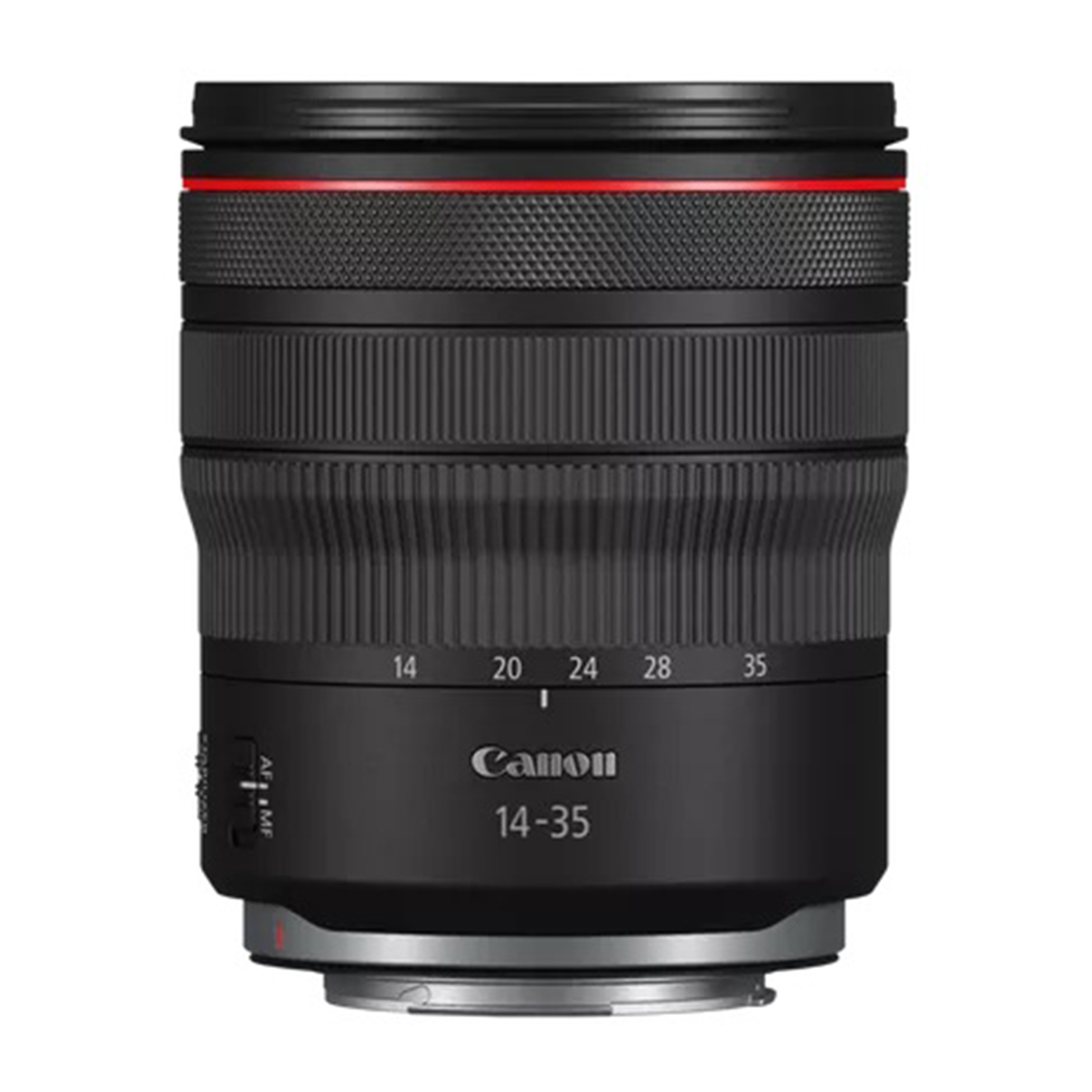 Obiektyw Canon 14-35mm. Czarny korpus z czerwonym pierścieniem, oznaczonymi odległościami i logo Canon. Widoczne pierścienie ostrości i zoomu.