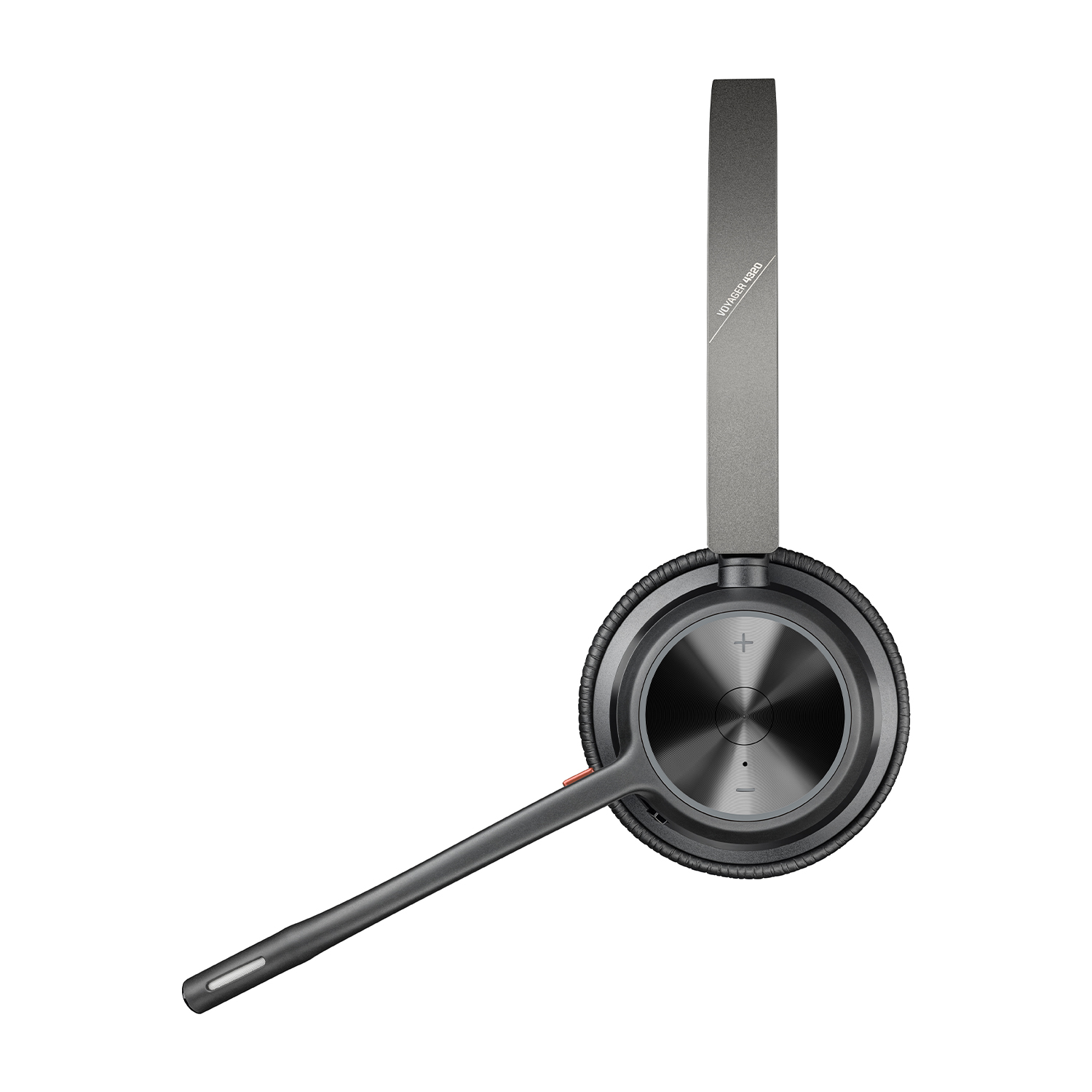 Ein graues Voyager 4320 Headset. Es hat ein Kopfband, einen Ohrhörer und ein Mikrofon. Plus- und Minustasten sind am Ohrhörer sichtbar.