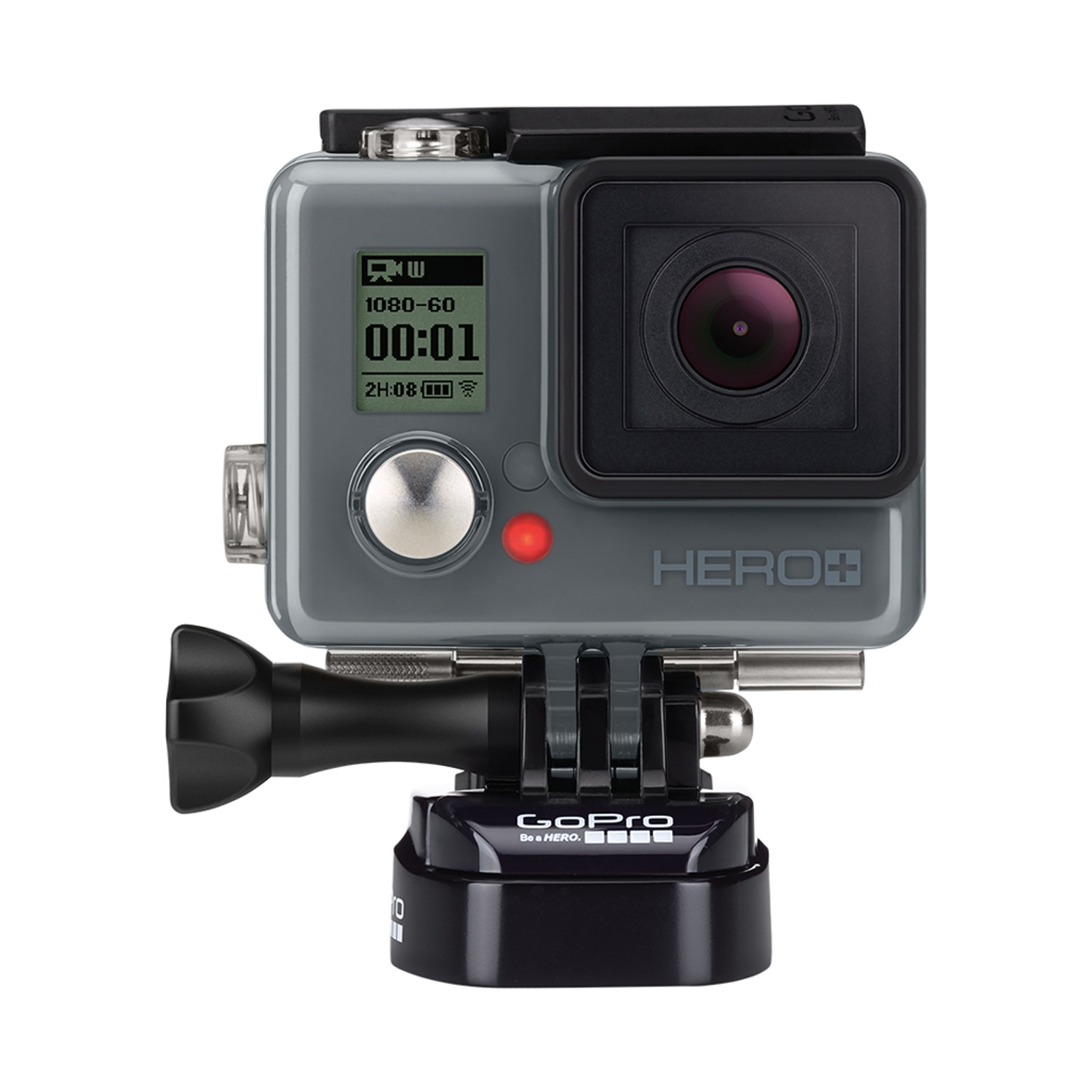 Una fotocamera GoPro Hero+ grigia con obiettivo e supporto neri, che mostra 00:01 sullo schermo, montata su una base nera.