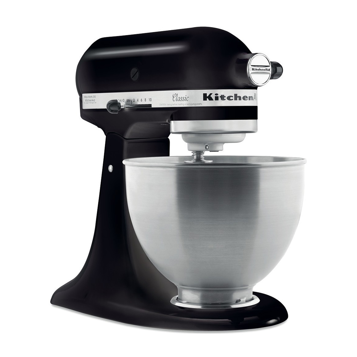 Schwarzer KitchenAid-Küchenmixer mit einer Edelstahlschüssel. Er steht auf weißem Hintergrund. Die Marke ist sichtbar.