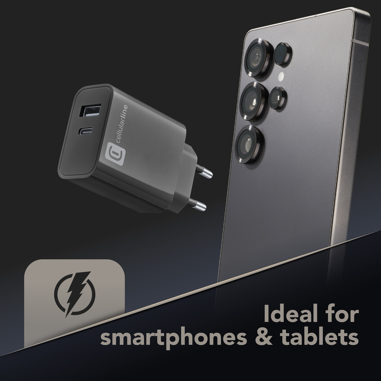 Vengono visualizzati un caricabatterie grigio e uno smartphone con più fotocamere. Il testo dice: Ideale per smartphone e tablet.
