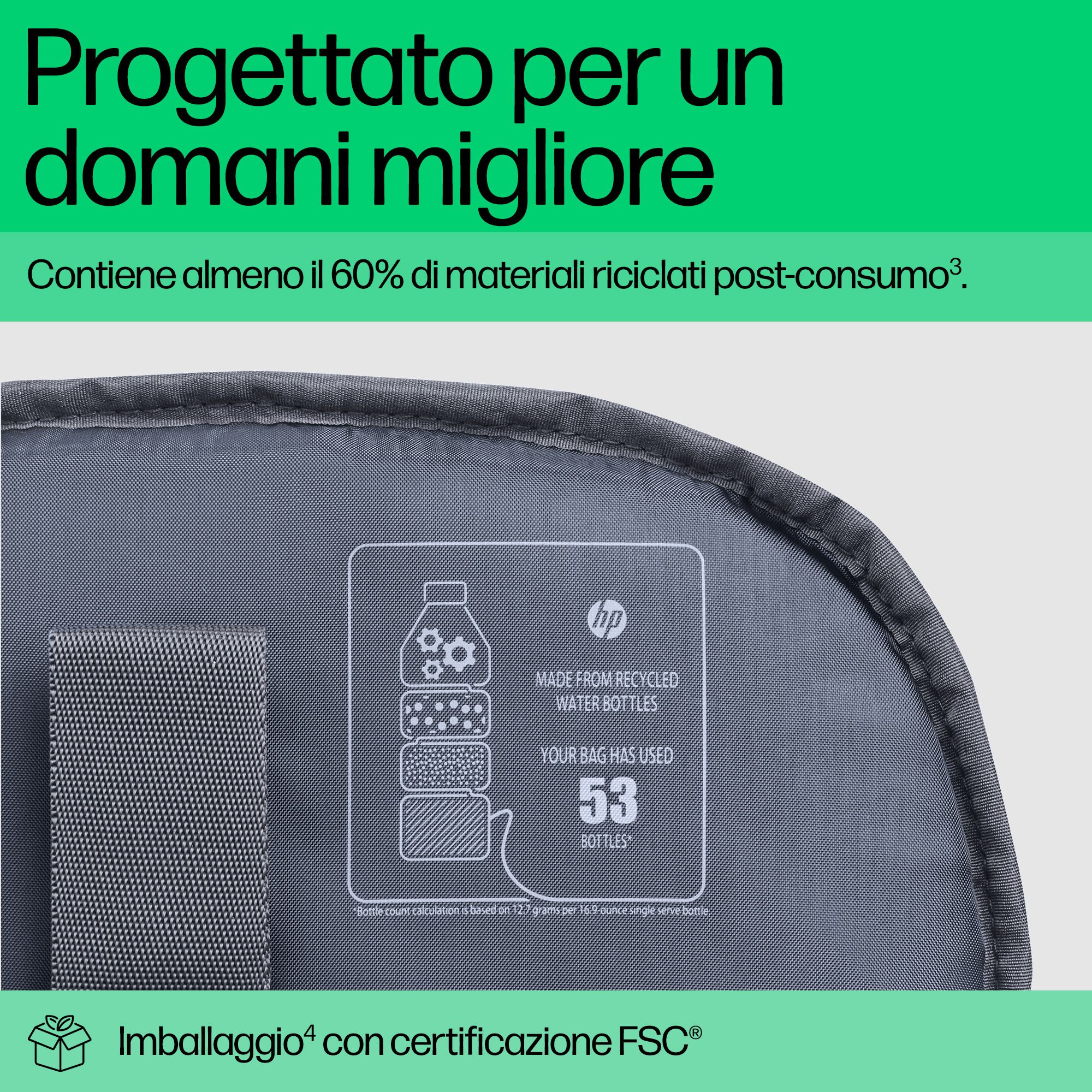 La imagen muestra texto sobre una bolsa hecha de botellas de agua recicladas. Ha utilizado 53 botellas. La bolsa contiene un 60% de materiales reciclados.