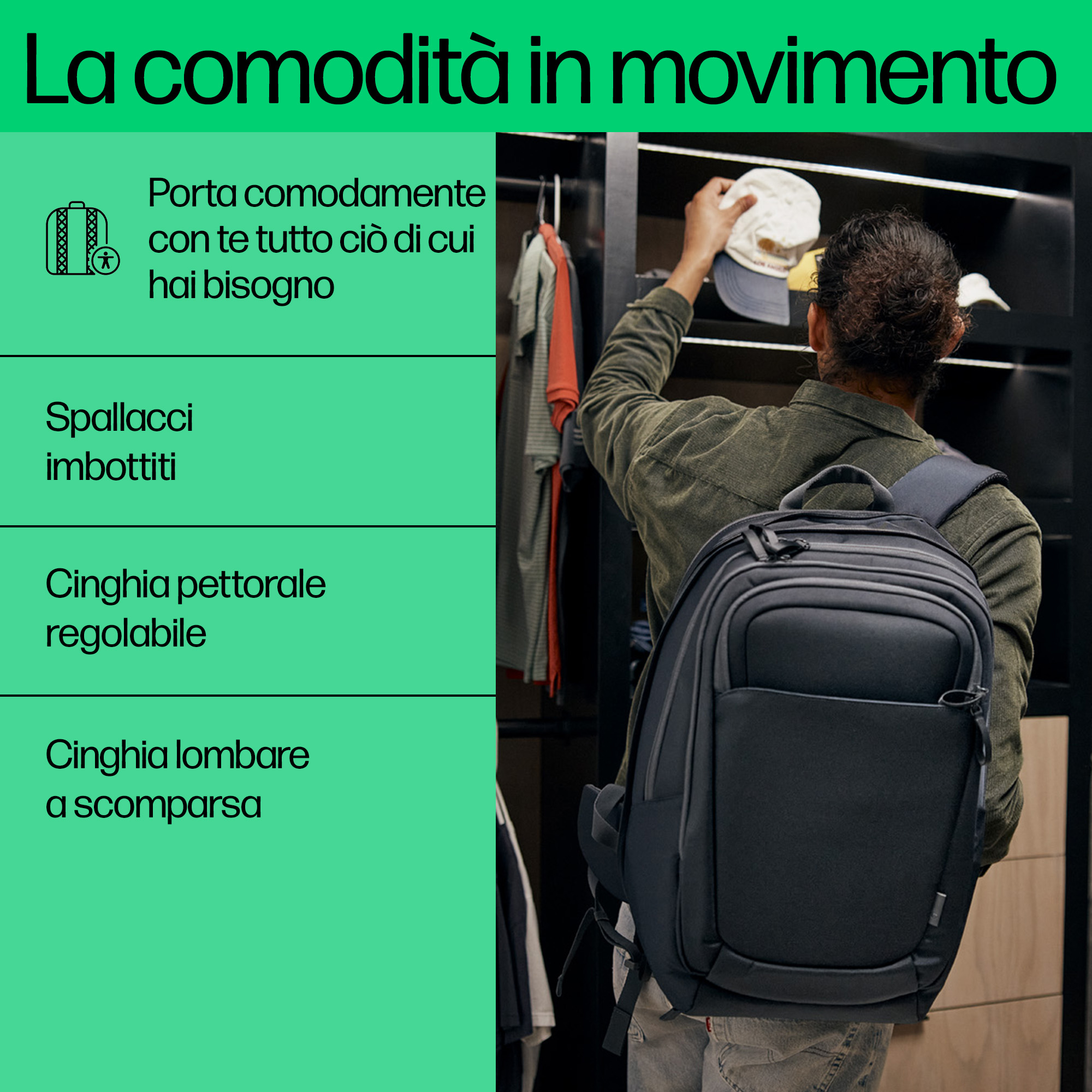 Una persona con mochila busca una gorra en un armario. El texto habla de la comodidad y las características de una bolsa. La bolsa es negra.