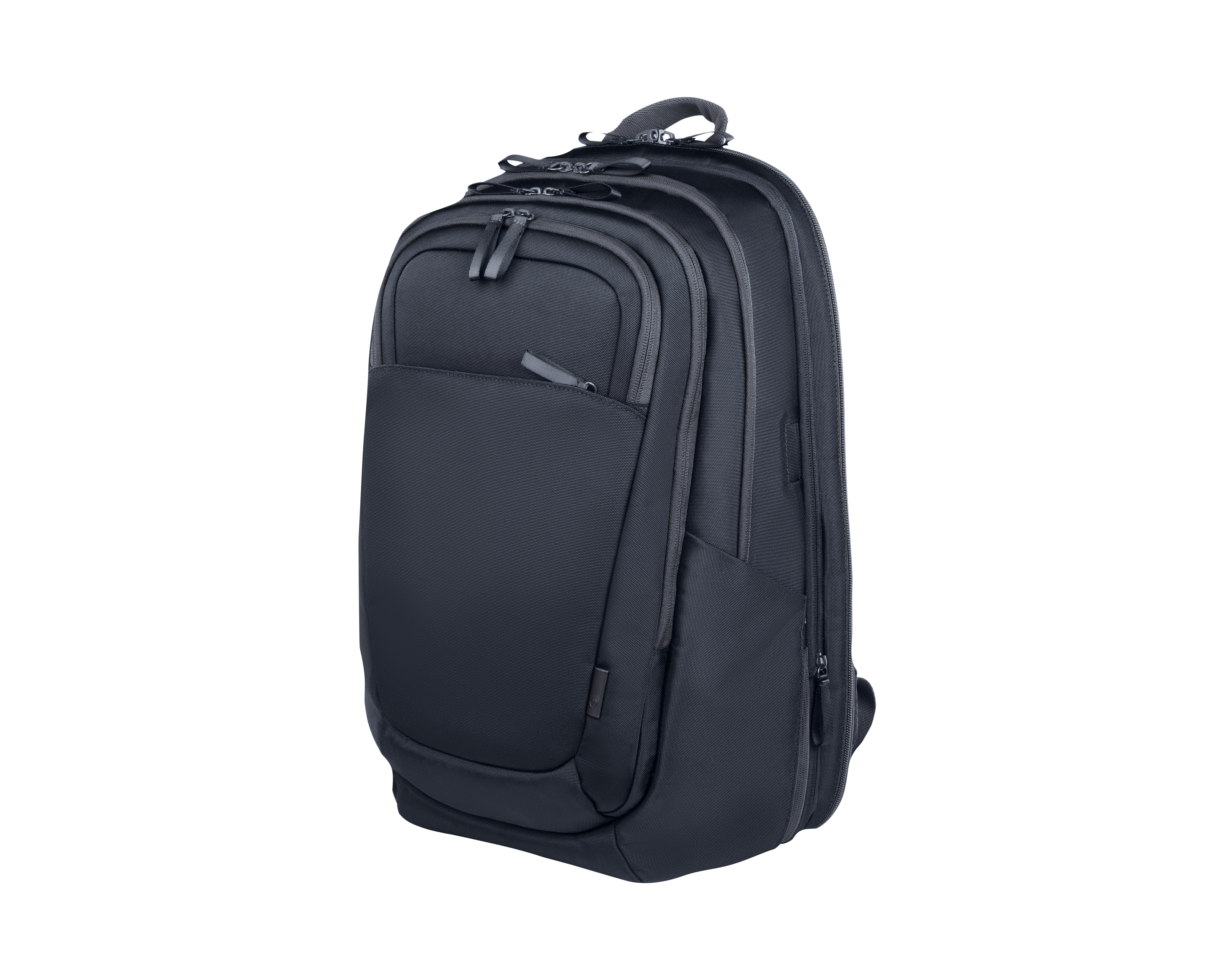Una mochila azul oscuro sobre un fondo blanco. Tiene múltiples compartimentos y cremalleras. Un asa en la parte superior.