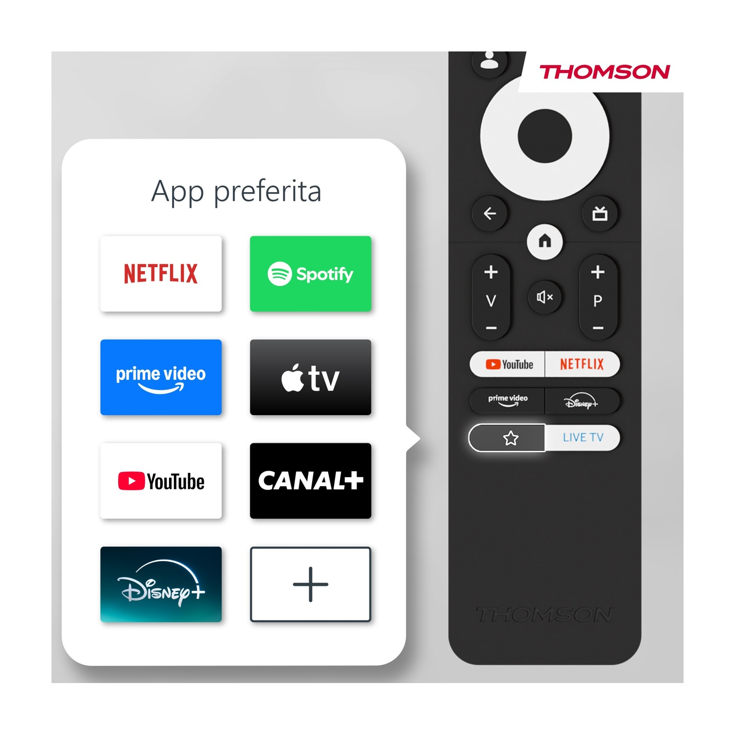 Un telecomando TV con icone di app come Netflix e Spotify. Il telecomando ha pulsanti e un logo Thomson.