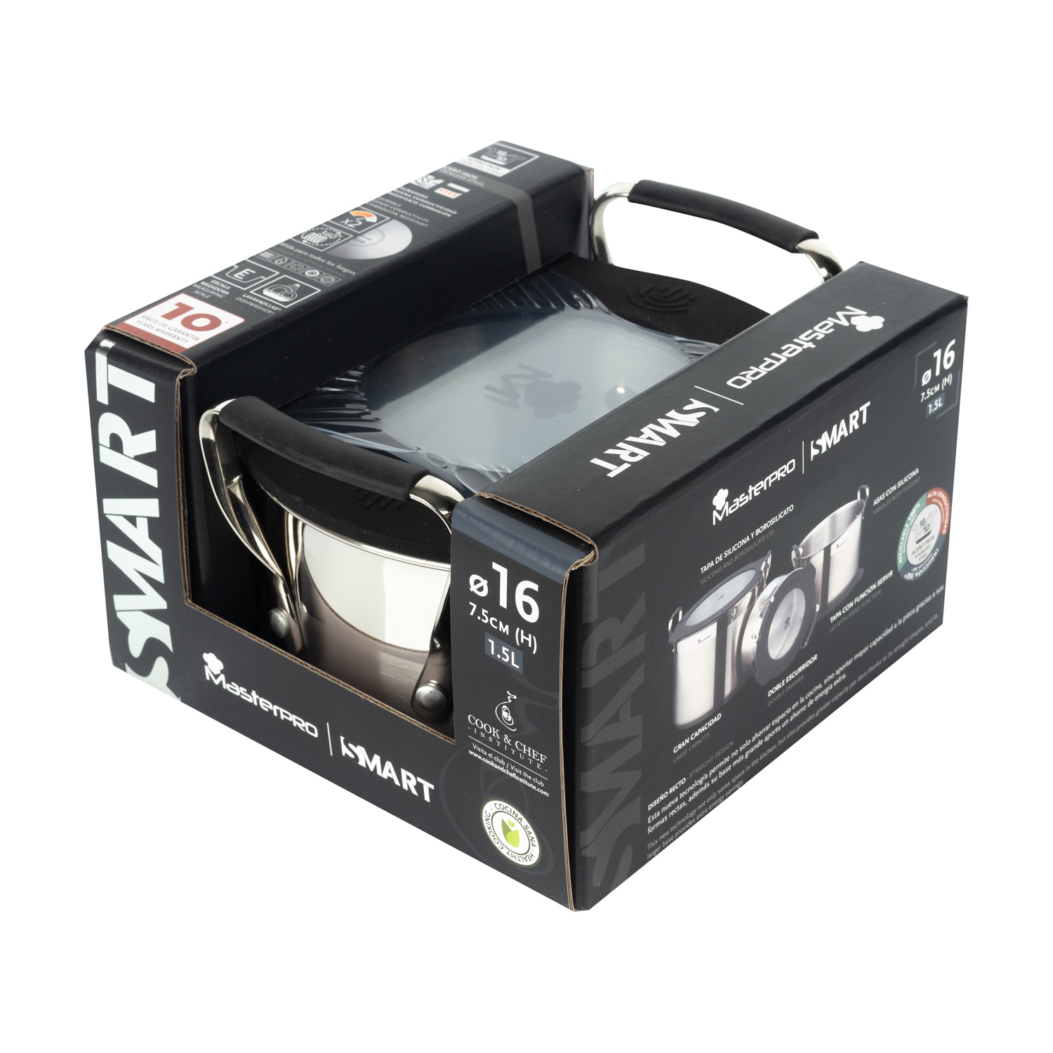 Olla de acero inoxidable en caja negra. La caja tiene texto y 10 años de garantía. La olla tiene asas negras.