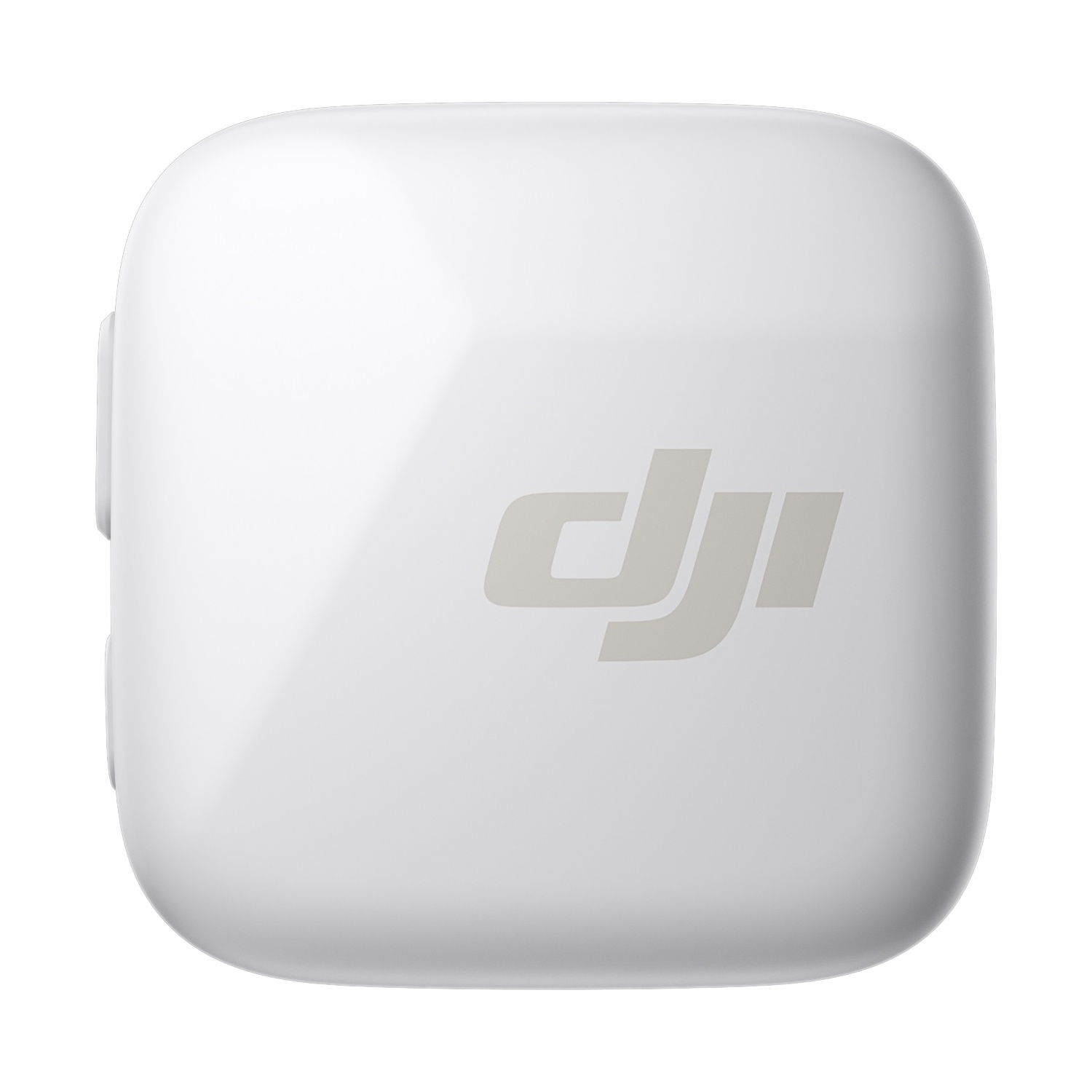 Gri DJI logosu olan beyaz, yuvarlak köşeli kare bir cihaz. Cihazın yuvarlak köşeleri ve pürüzsüz bir yüzeyi var.