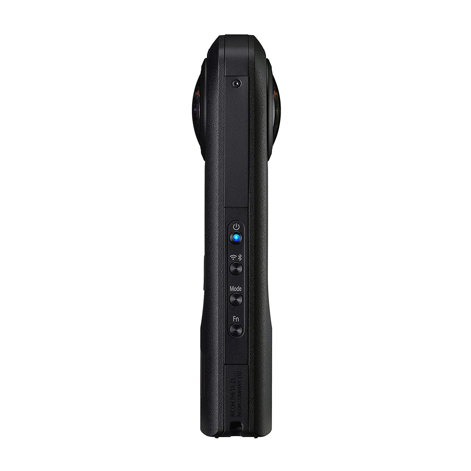 Cámara negra Ricoh Theta Z1. Tiene botones de encendido, modo y función. La lente es visible en ambos lados.