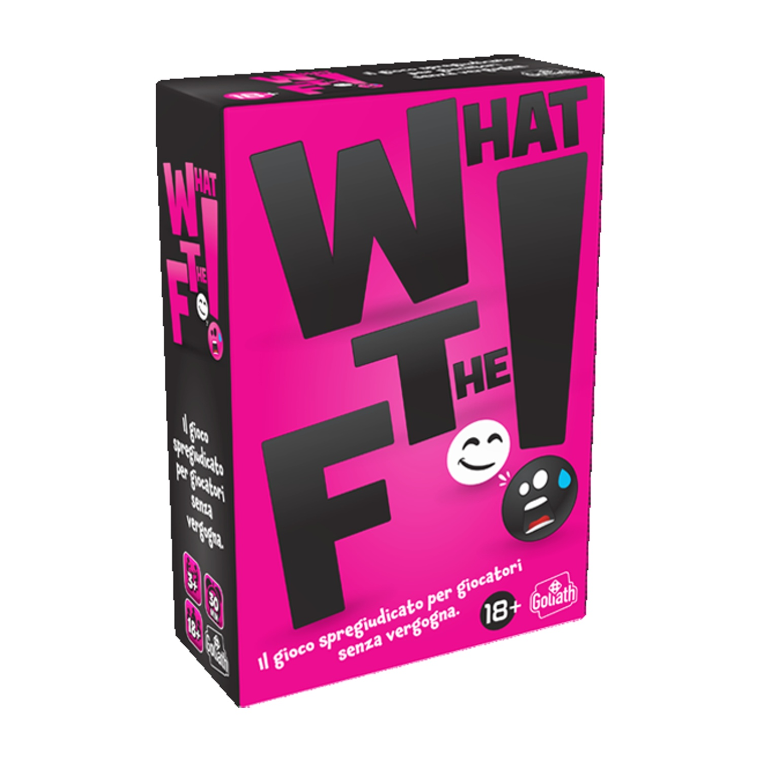 Una scatola di gioco con 'WHAT THE F' a grandi lettere nere su sfondo rosa. Presenta emoji e testo in italiano.