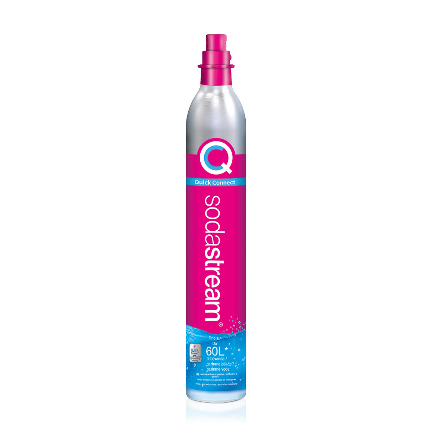 Una bombola Sodastream è mostrata su sfondo bianco. È argentata con dettagli rosa e blu. L'etichetta dice 'sodastream' e 'Quick Connect'.