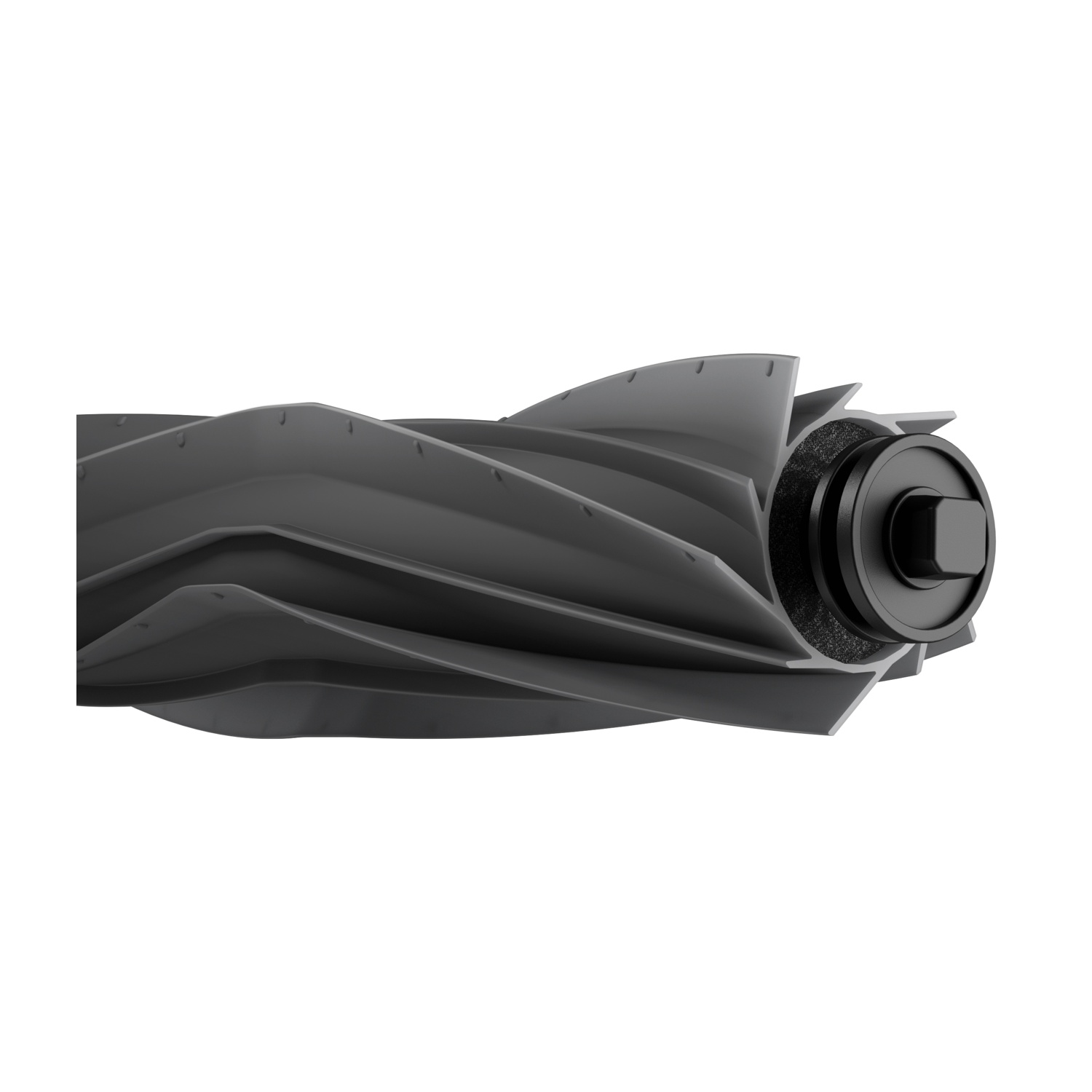 Zbliżenie szczotki rolkowej do odkurzacza. Ma szare ostrza w układzie spiralnym z czarnym cylindrycznym końcem.