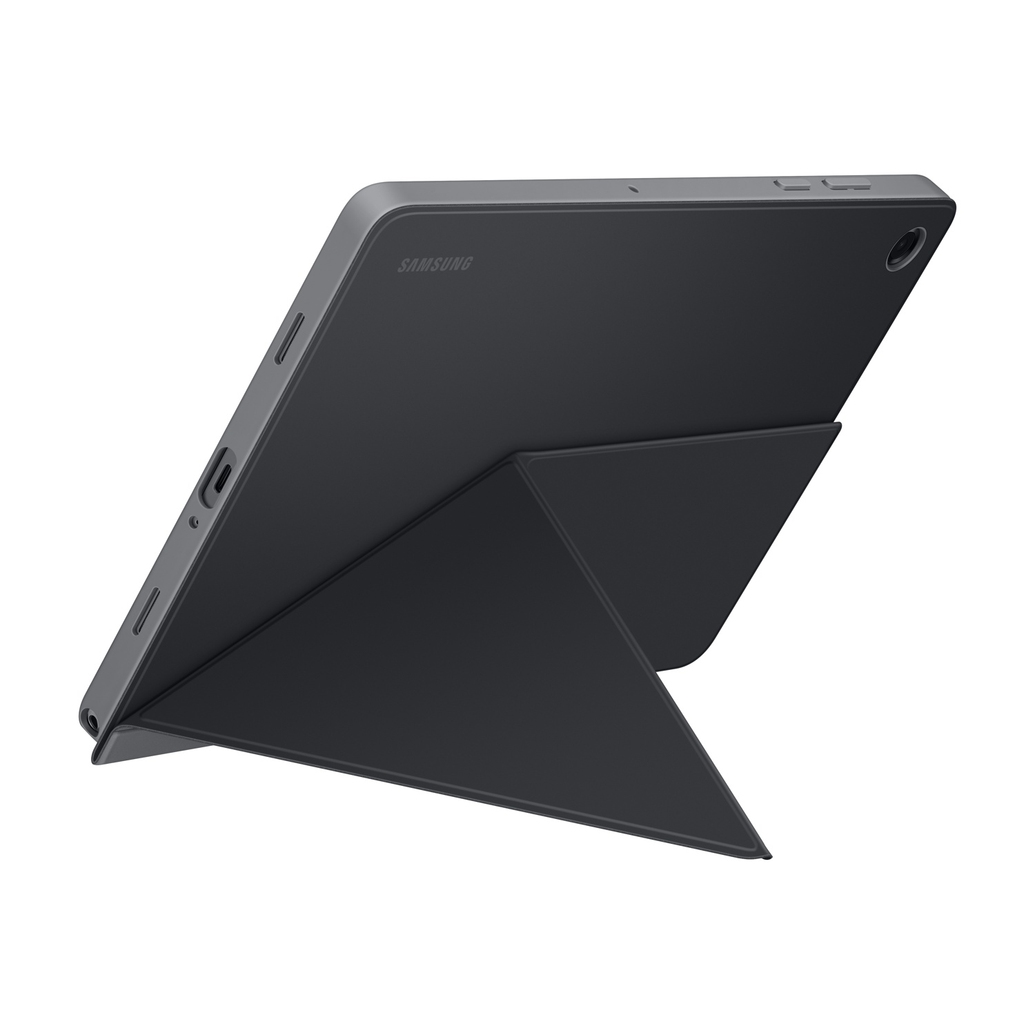 Ein dunkelgraues Samsung-Tablet mit passender Hülle, vor einem weißen Hintergrund aufgestellt. Das Tablet ist nach rechts abgewinkelt.
