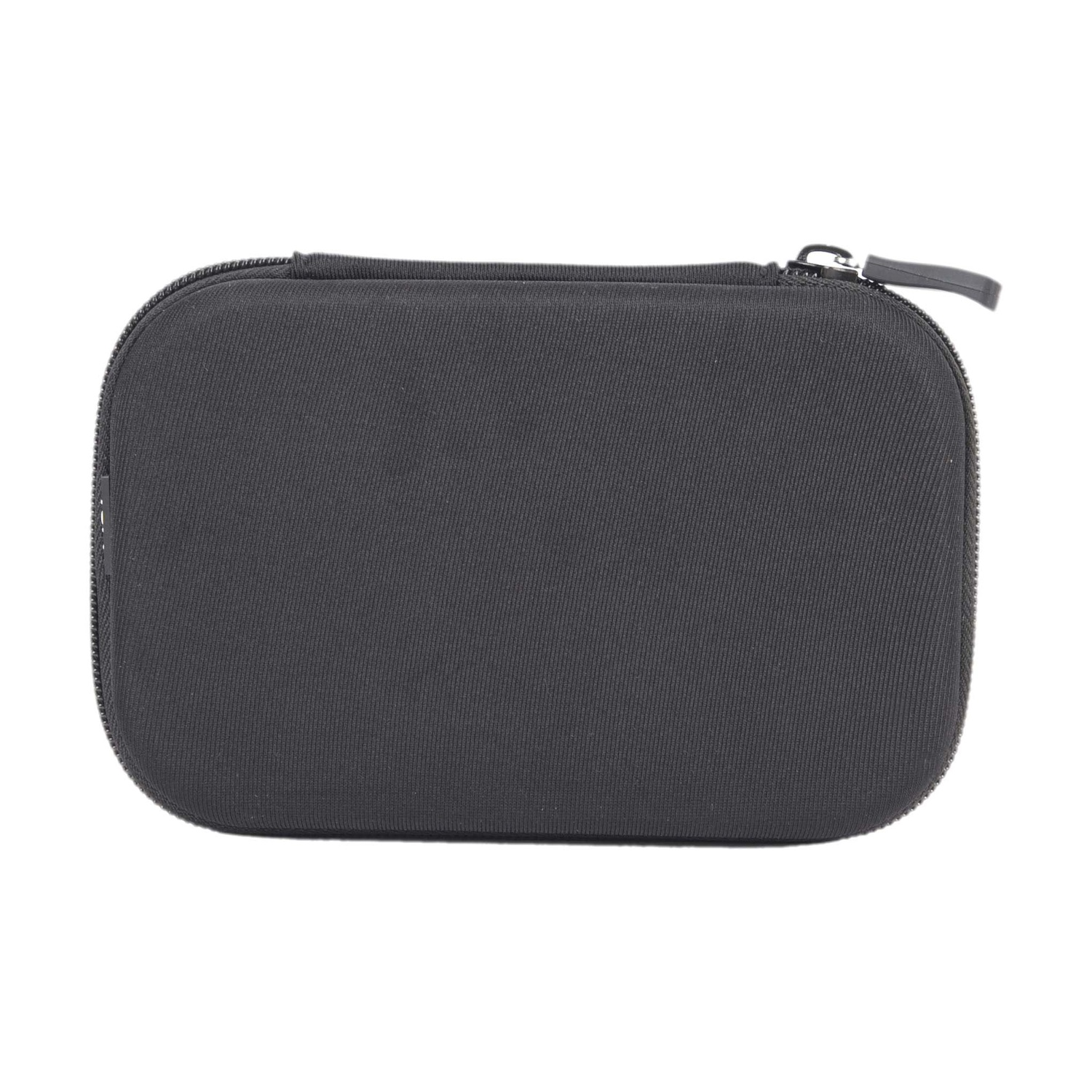 Una funda rectangular gris oscuro con cremallera está centrada sobre un fondo blanco. La funda es ligeramente redondeada.