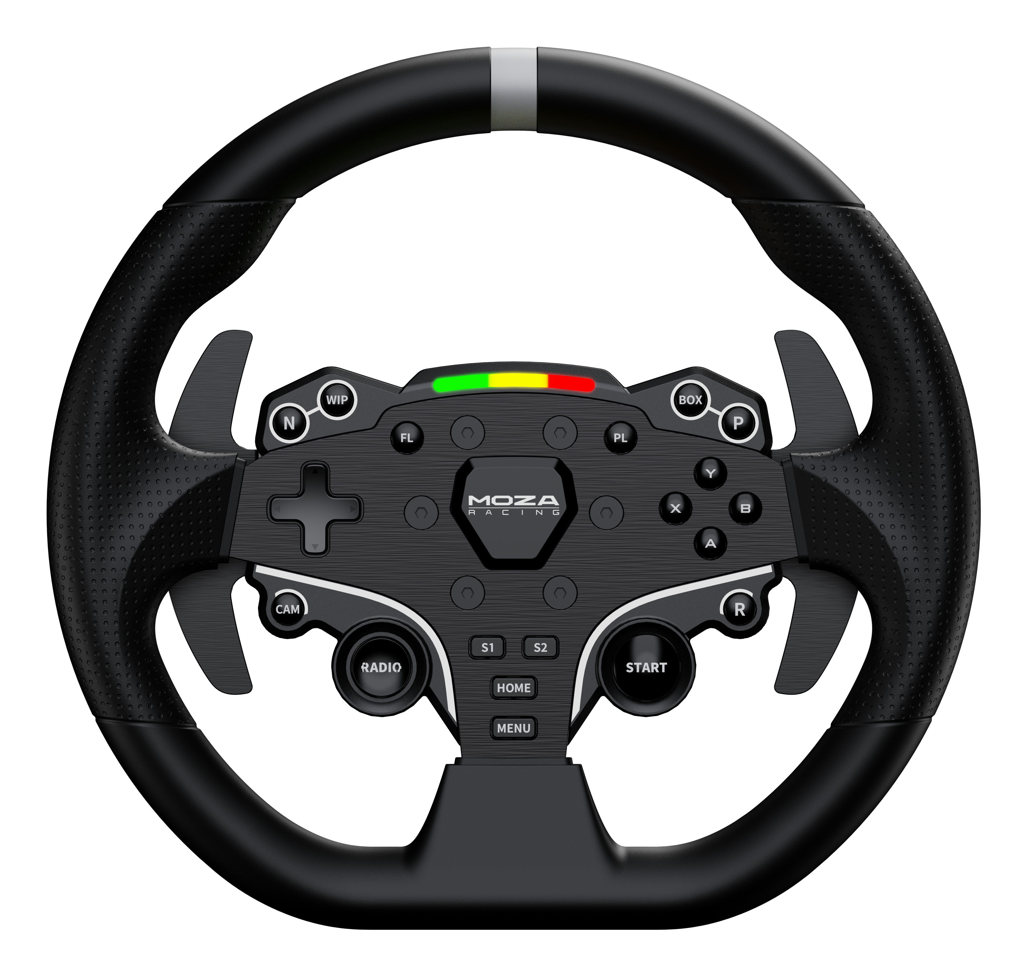 Un volante de carreras negro con botones, diales y levas. Tiene un agarre perforado y un panel de control central.