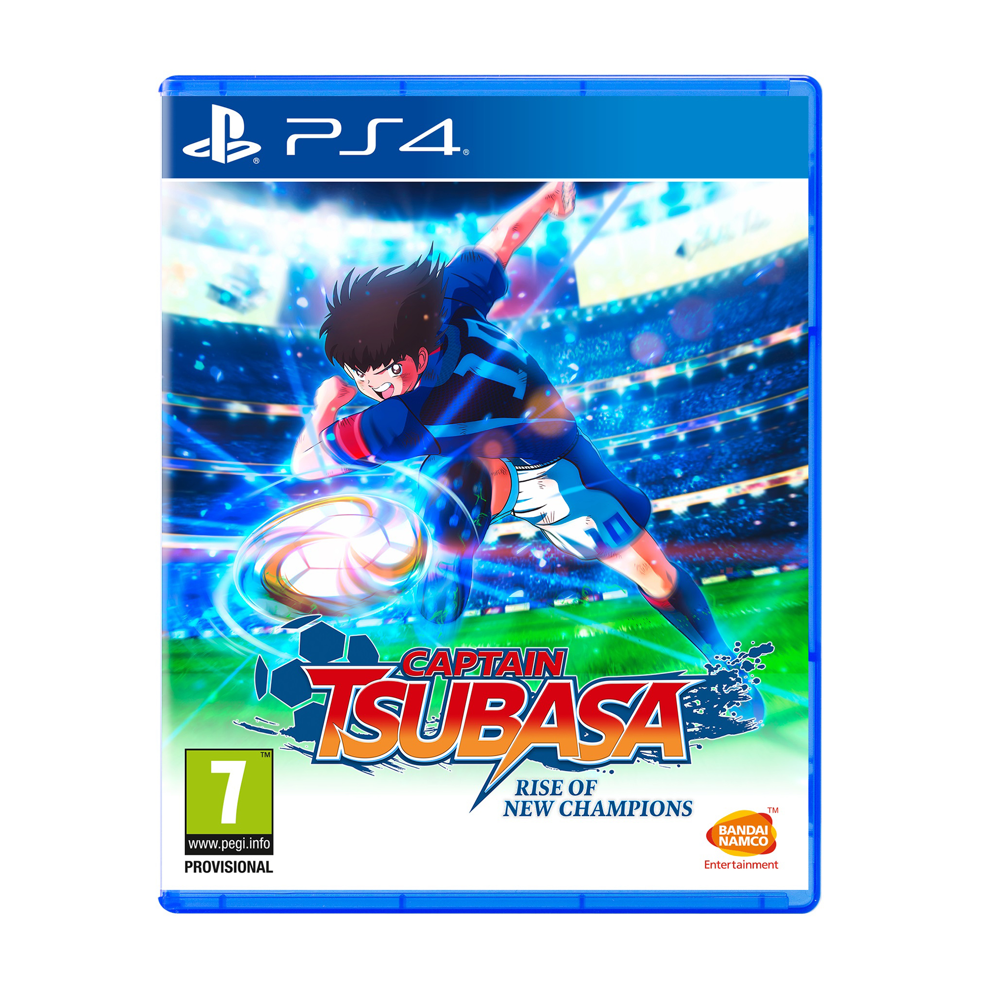 Artwork della confezione del gioco PS4 di Captain Tsubasa. Un calciatore in blu calcia il pallone in uno stadio. Il titolo è visualizzato.