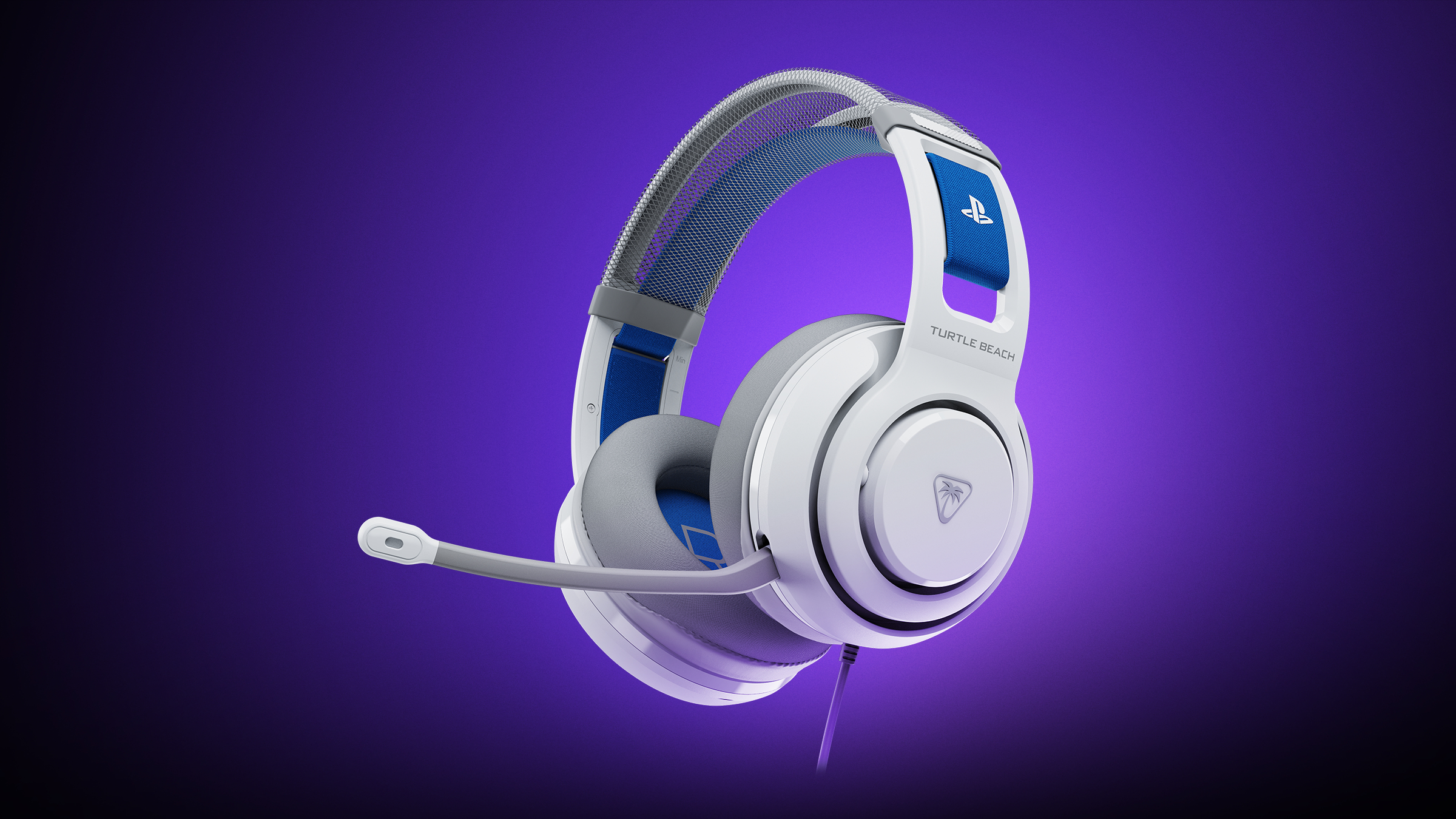 Biało-niebieski zestaw słuchawkowy dla graczy na fioletowym tle. Posiada mikrofon i logo Turtle Beach.