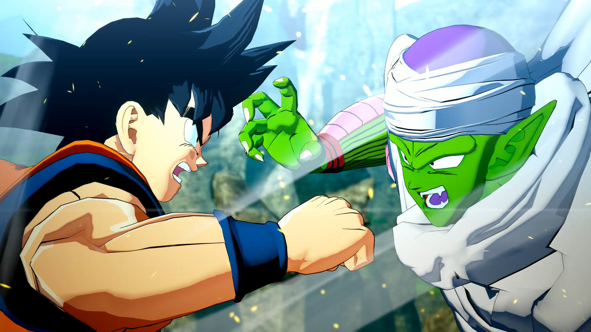 Goku e Piccolo si affrontano. Goku è arancione e blu, Piccolo verde e bianco. Sono in posizione di combattimento con facce arrabbiate.