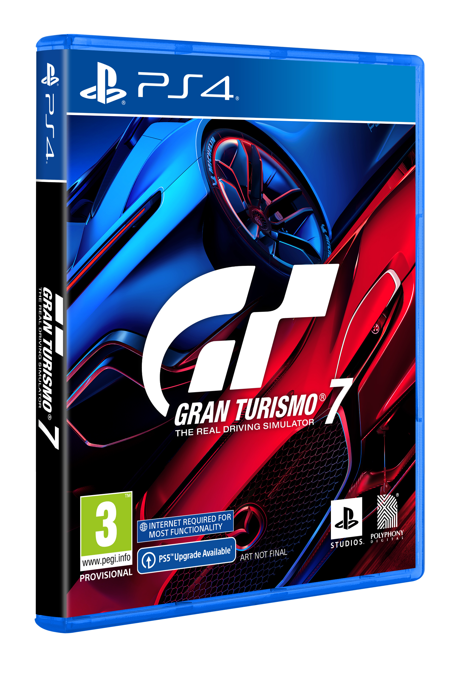 Portada del juego PS4 Gran Turismo 7. Presenta un coche sobre un fondo rojo y azul. Logotipo del juego y clasificación por edad.