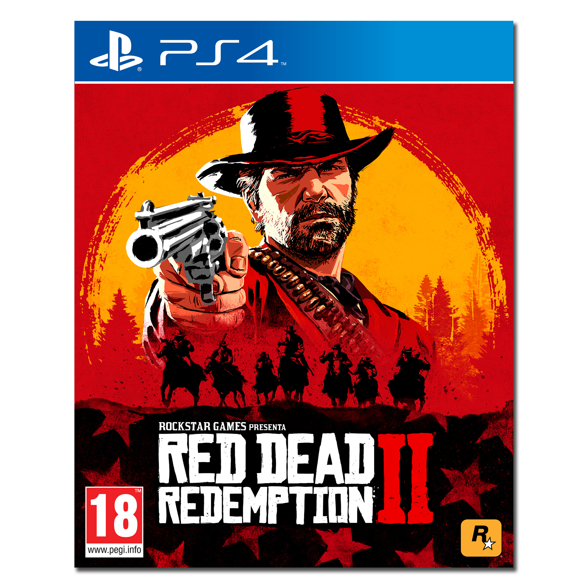 Copertina di Red Dead Redemption 2. Uomo con pistola, cappello da cowboy, che indica. Sfondo con cavalieri e tramonto.