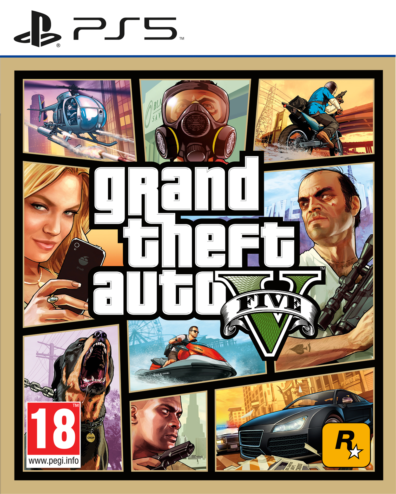 Okładka gry z helikopterem, motocyklistą, kobietą, mężczyzną z bronią, psem, skuterem wodnym i samochodem. Tytuł to Grand Theft Auto V.