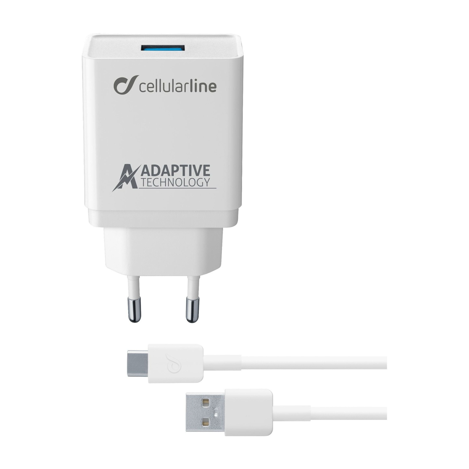 Weißes Cellularline-Ladegerät mit USB-C-Kabel und USB-Kabel. Das Ladegerät verfügt über adaptive Technologie.