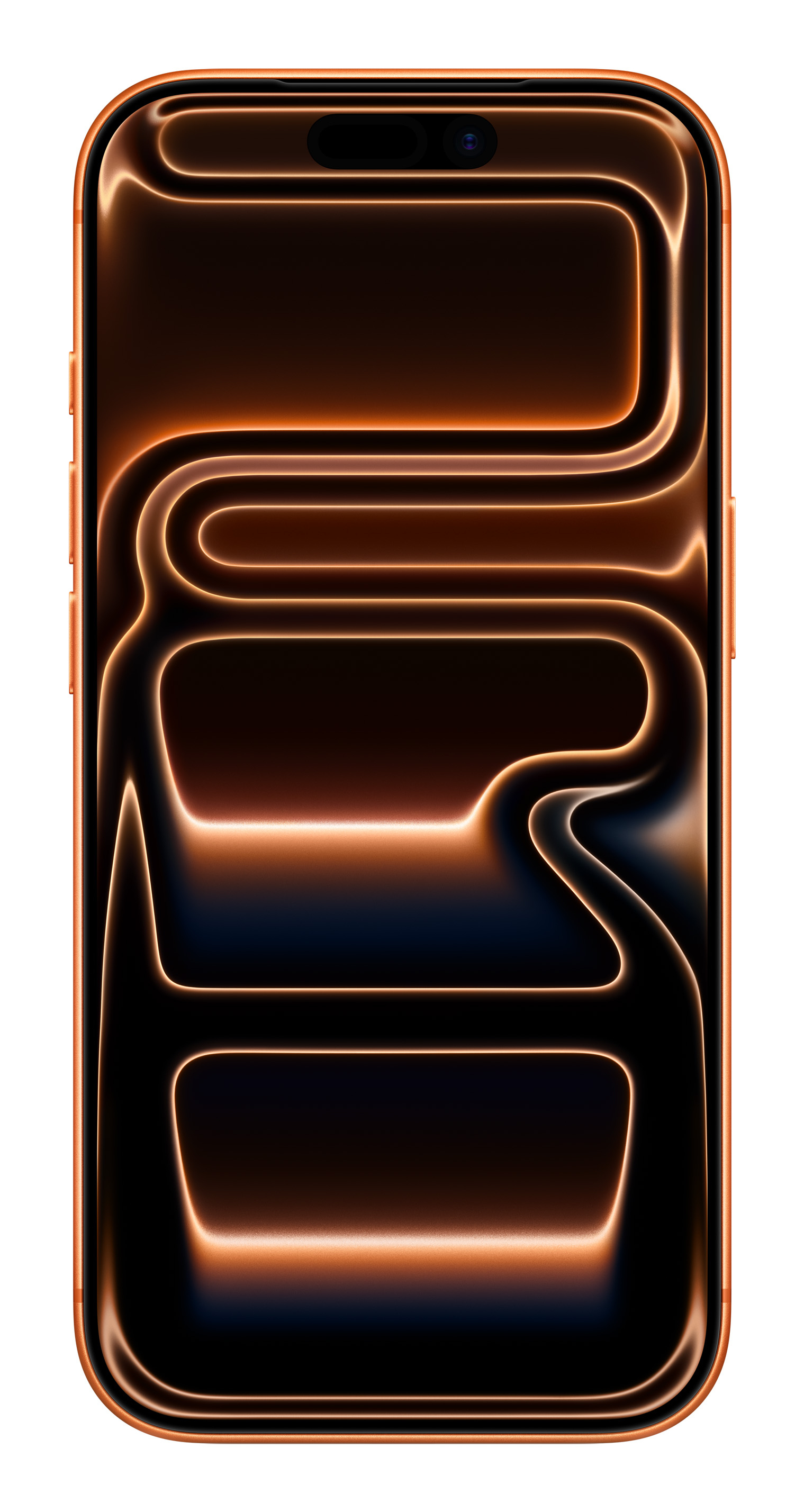 Pomarańczowy smartfon z czarnym, świecącym, abstrakcyjnym wzorem na ekranie, aparatem i białym tłem.