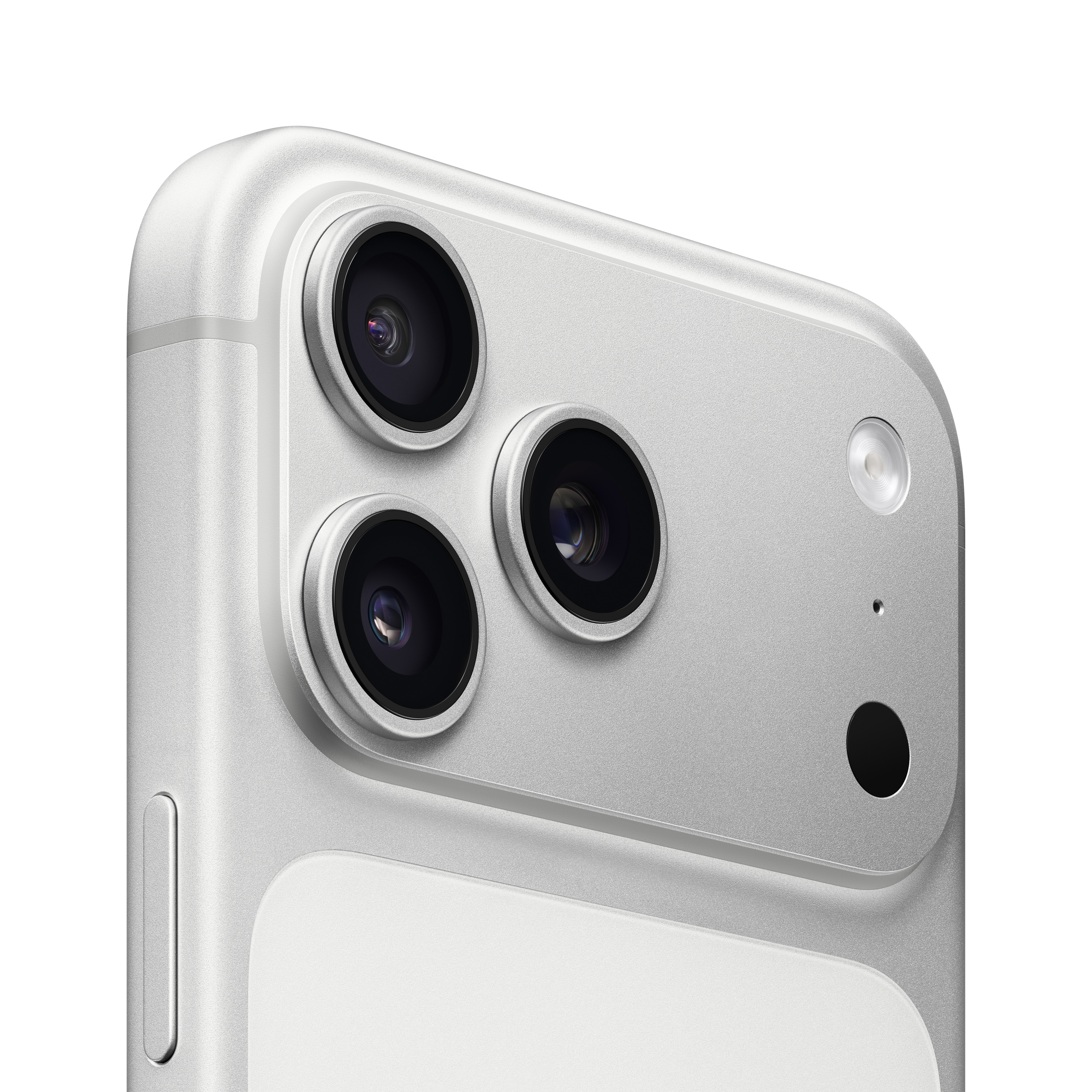 Zbliżenie na układ kamer srebrnego smartfona. Widoczne są trzy obiektywy, a także lampa błyskowa i mikrofon.