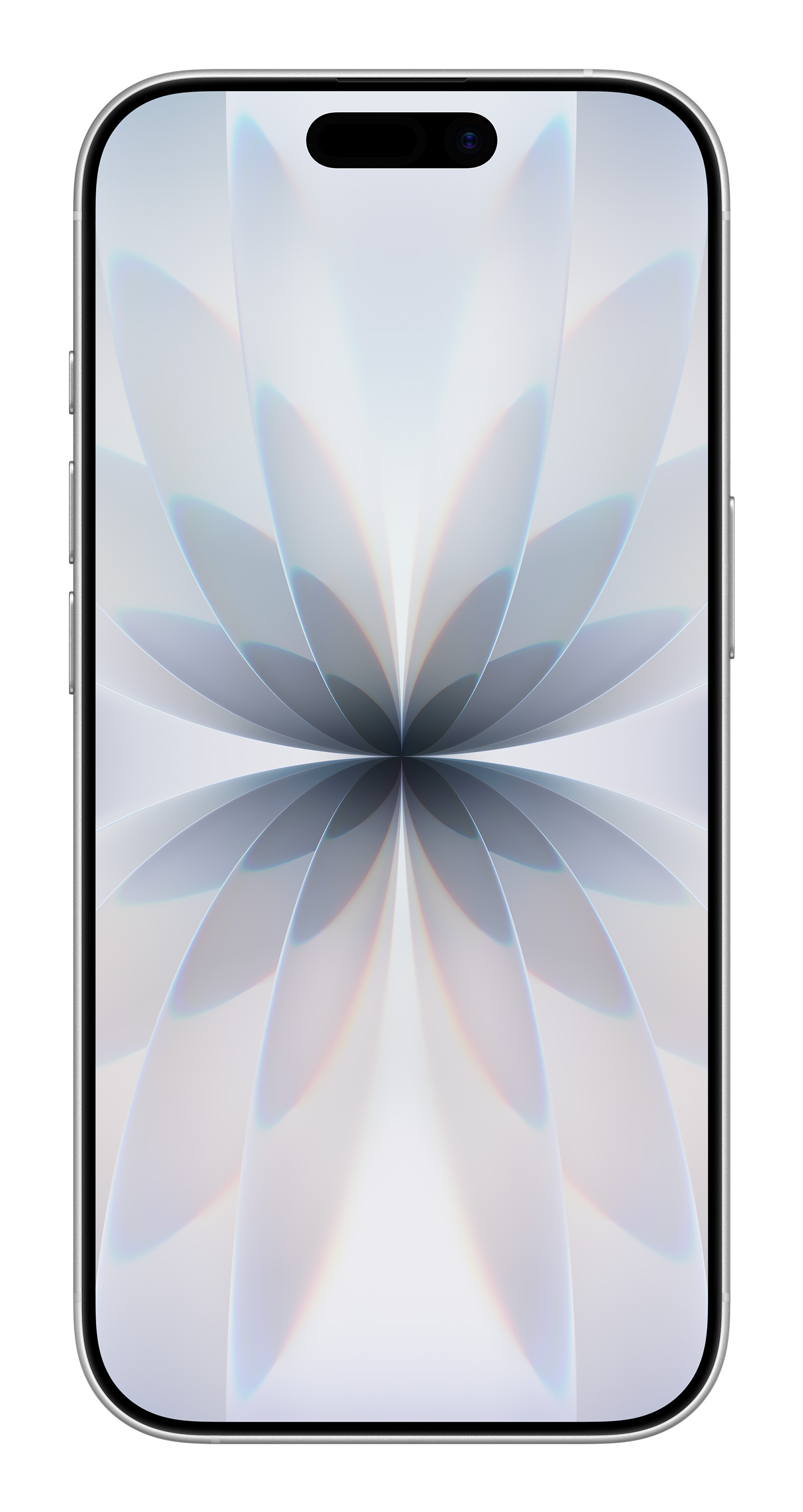 Smartfon z ekranem wyświetlającym abstrakcyjny kwiatowy wzór. Telefon ma srebrne krawędzie i czarny obszar aparatu.