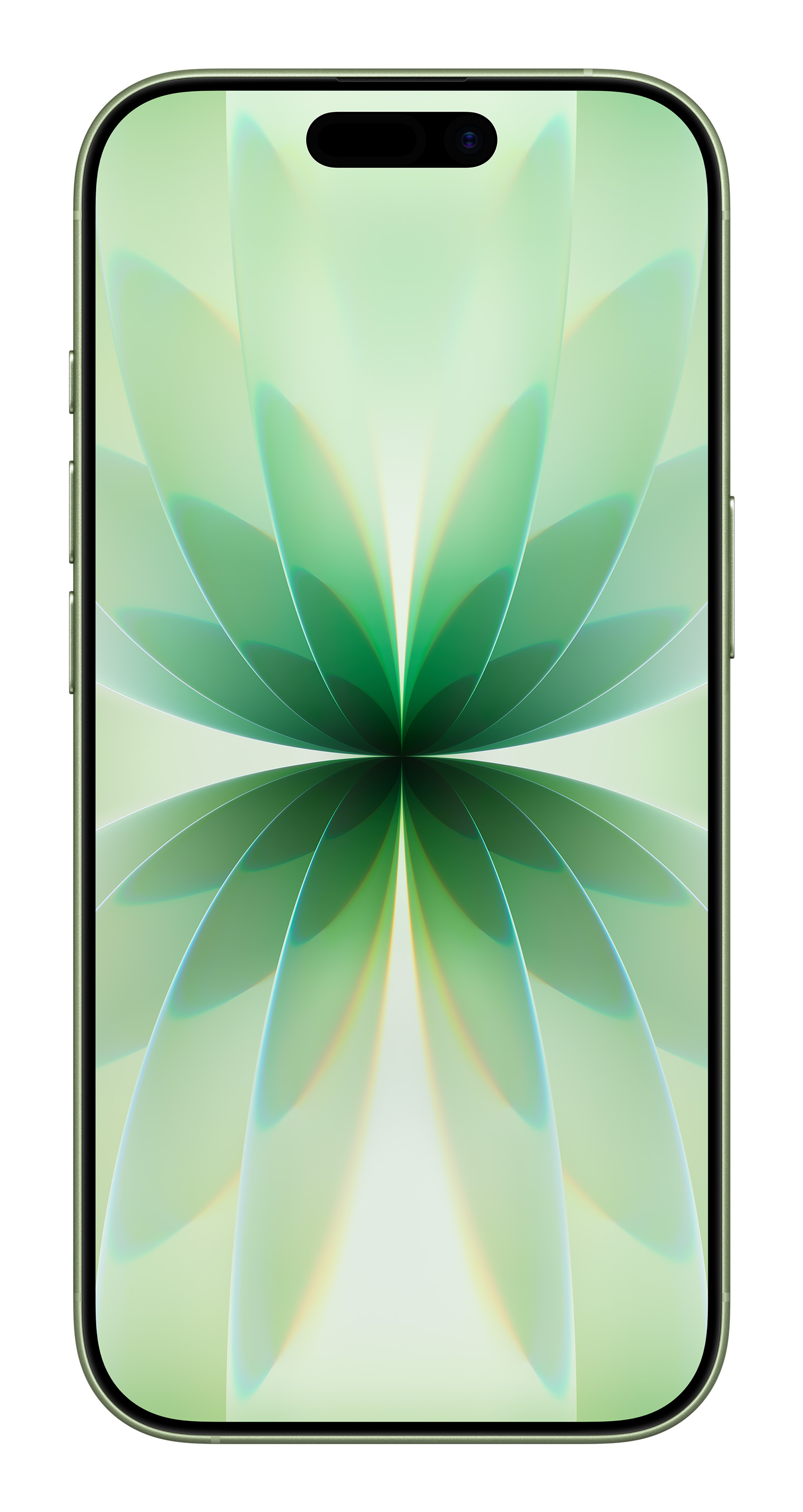 Zielony smartfon wyświetla kwiatowy wzór w jasnych odcieniach zieleni. Telefon jest zielony, z czarnym wycięciem na aparat.