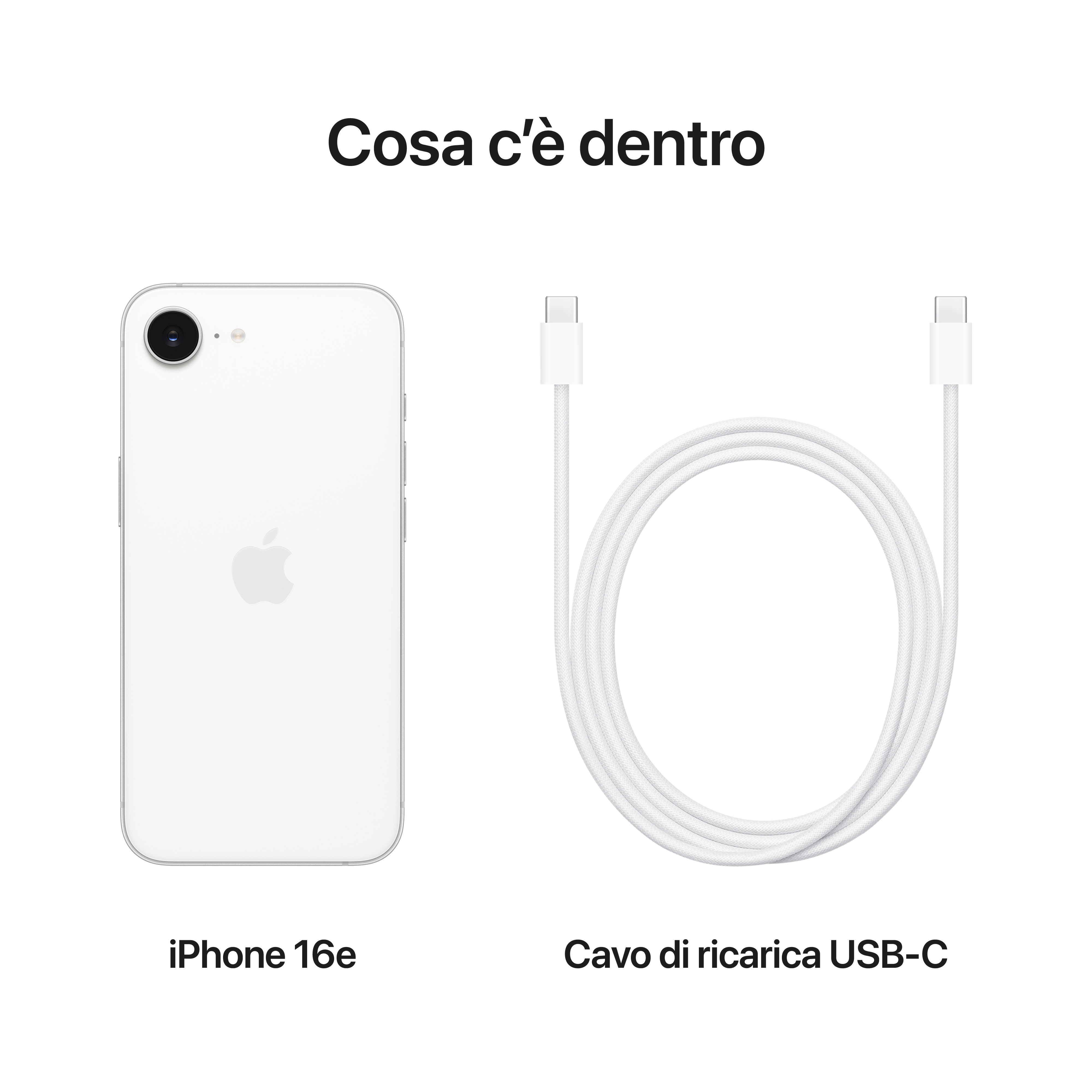 L'image montre un iPhone 16e et un câble de chargement USB-C blancs, sur fond blanc.