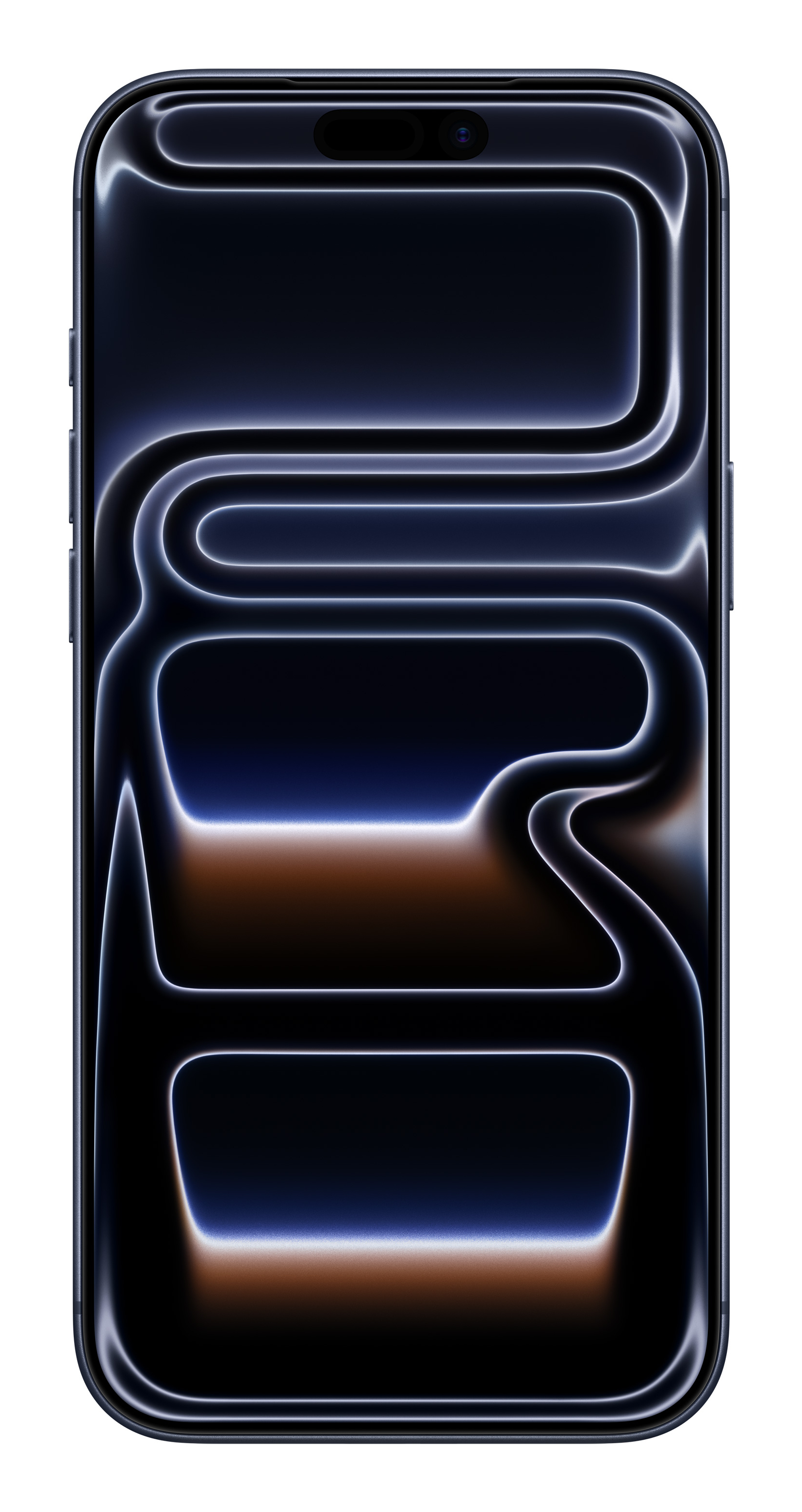 Smartfon z ciemnoniebieskim i brązowym gradientem tapety. Ekran ma dynamiczną wyspę i zakrzywioną konstrukcję.