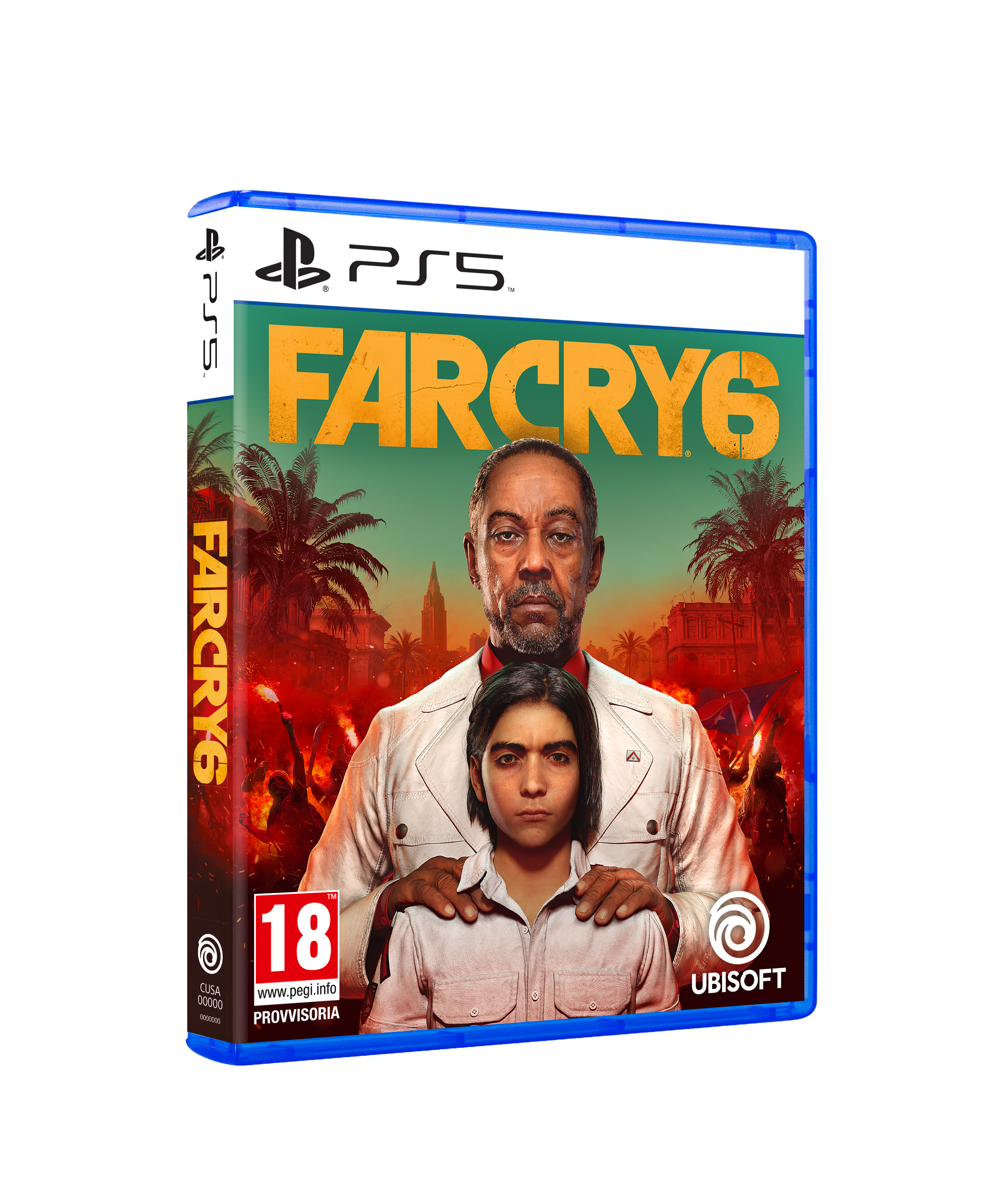 Copertina del gioco Far Cry 6. Due persone in primo piano: un uomo e un ragazzo. Lo sfondo mostra il fuoco.