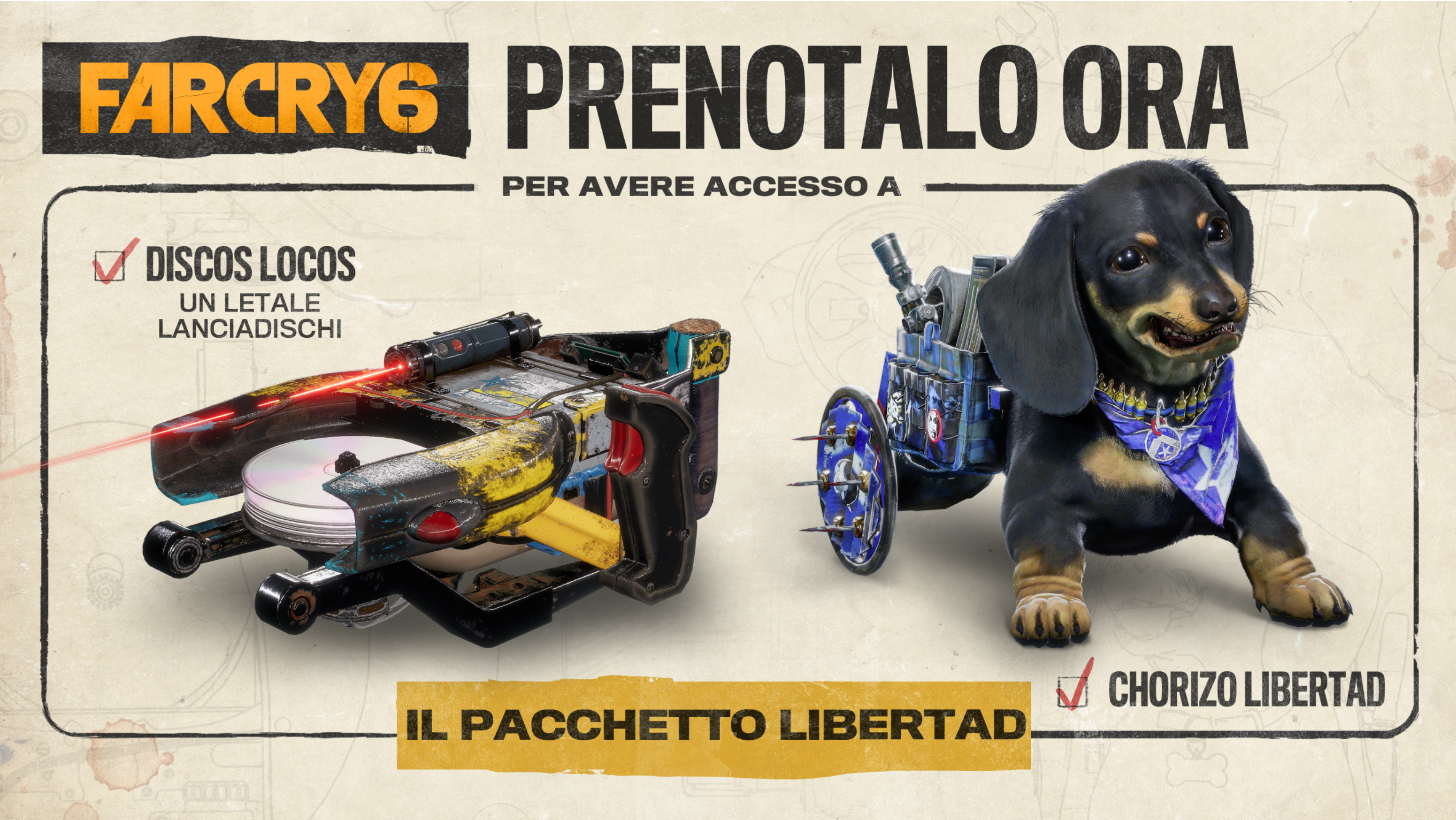 Immagine promozionale di Far Cry 6. Mostra un giradischi armato e un cane con una bandana. Il testo promuove i bonus di preordine.