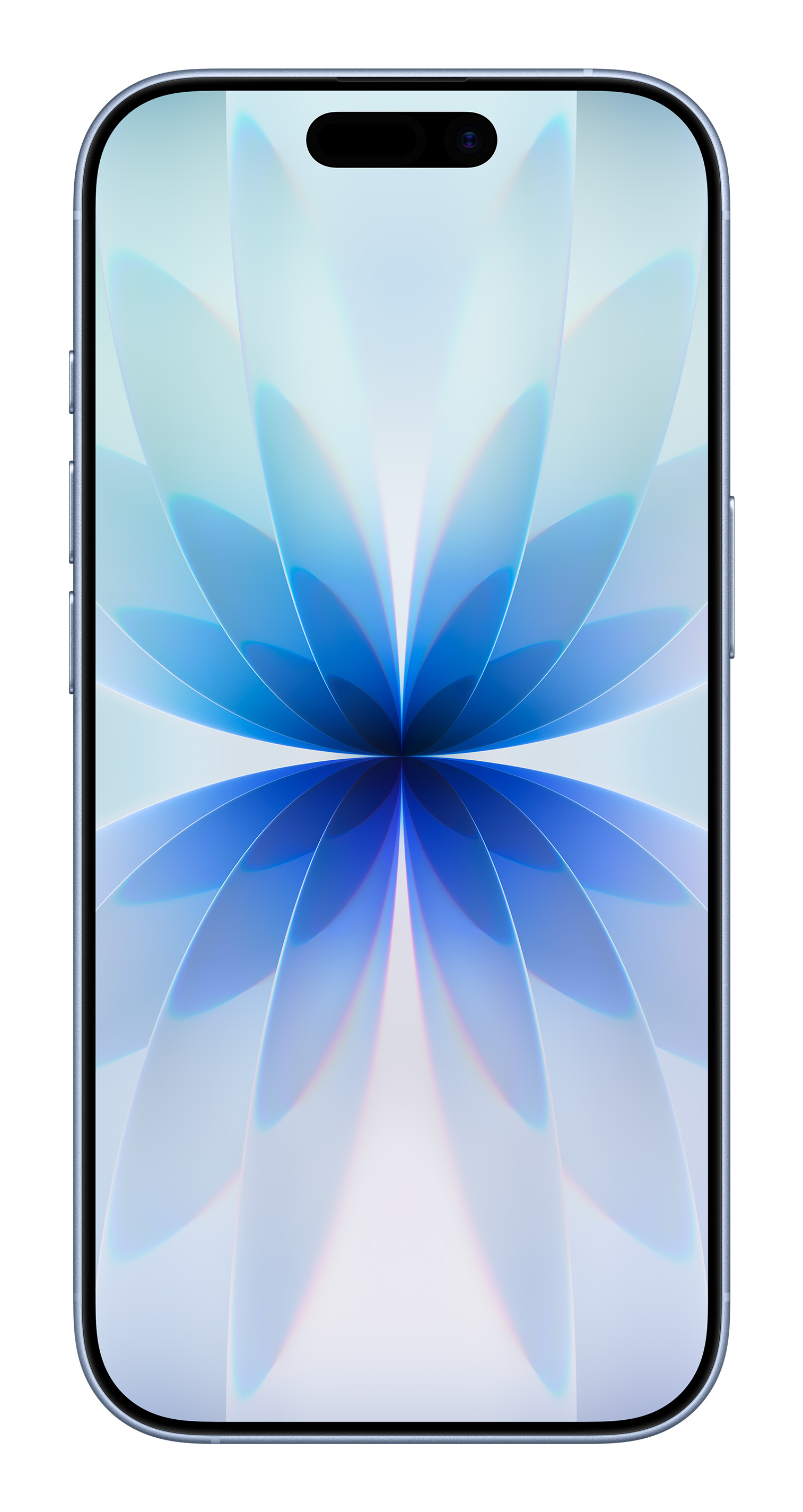 Smartfon z niebieskim kwiatowym wzorem na ekranie. Telefon ma czarne wcięcie u góry.