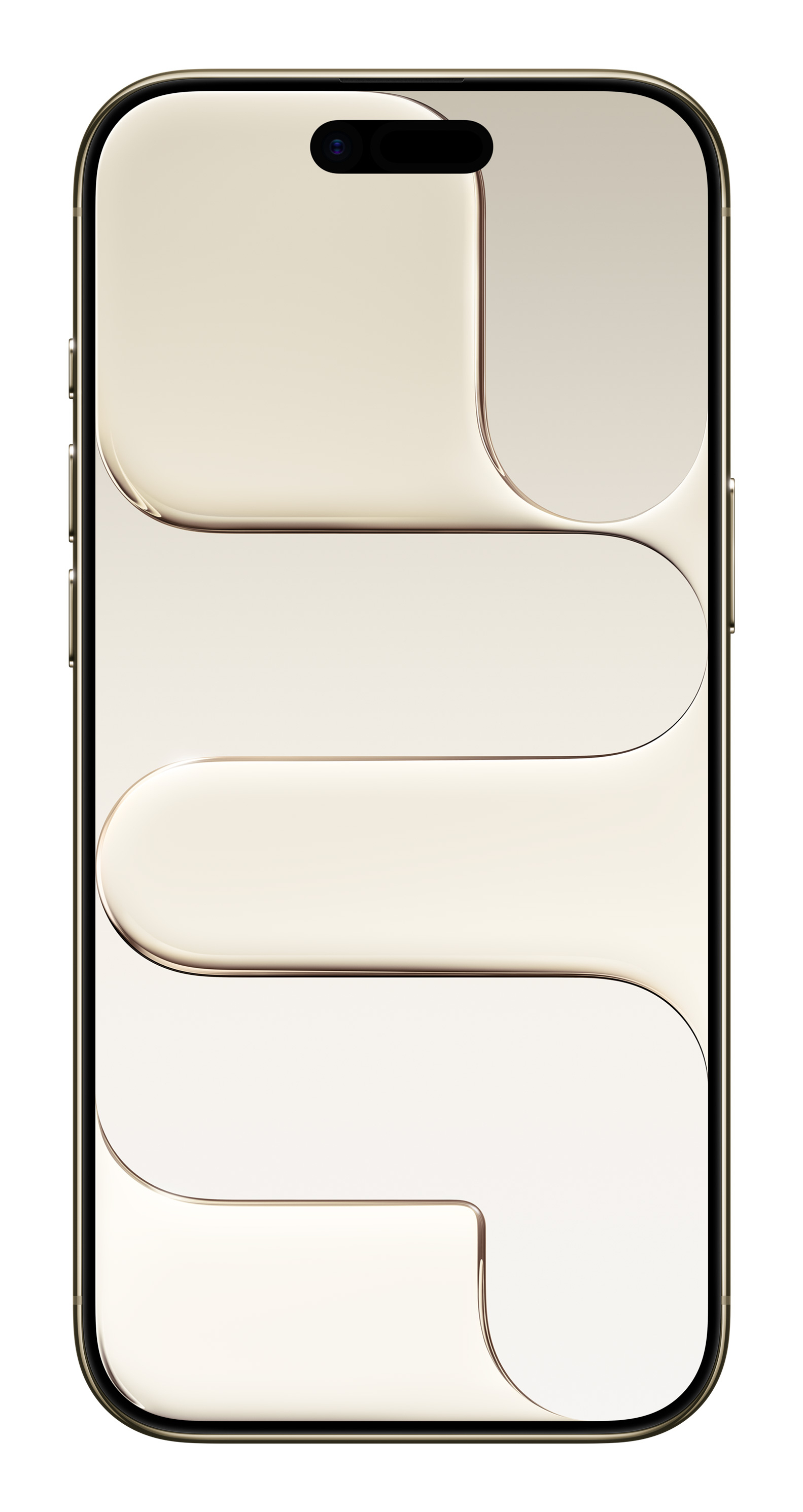 Złoty smartfon z białym ekranem wyświetlającym abstrakcyjne kształty. Aparat widoczny na górze. Telefon ma złotą ramkę.