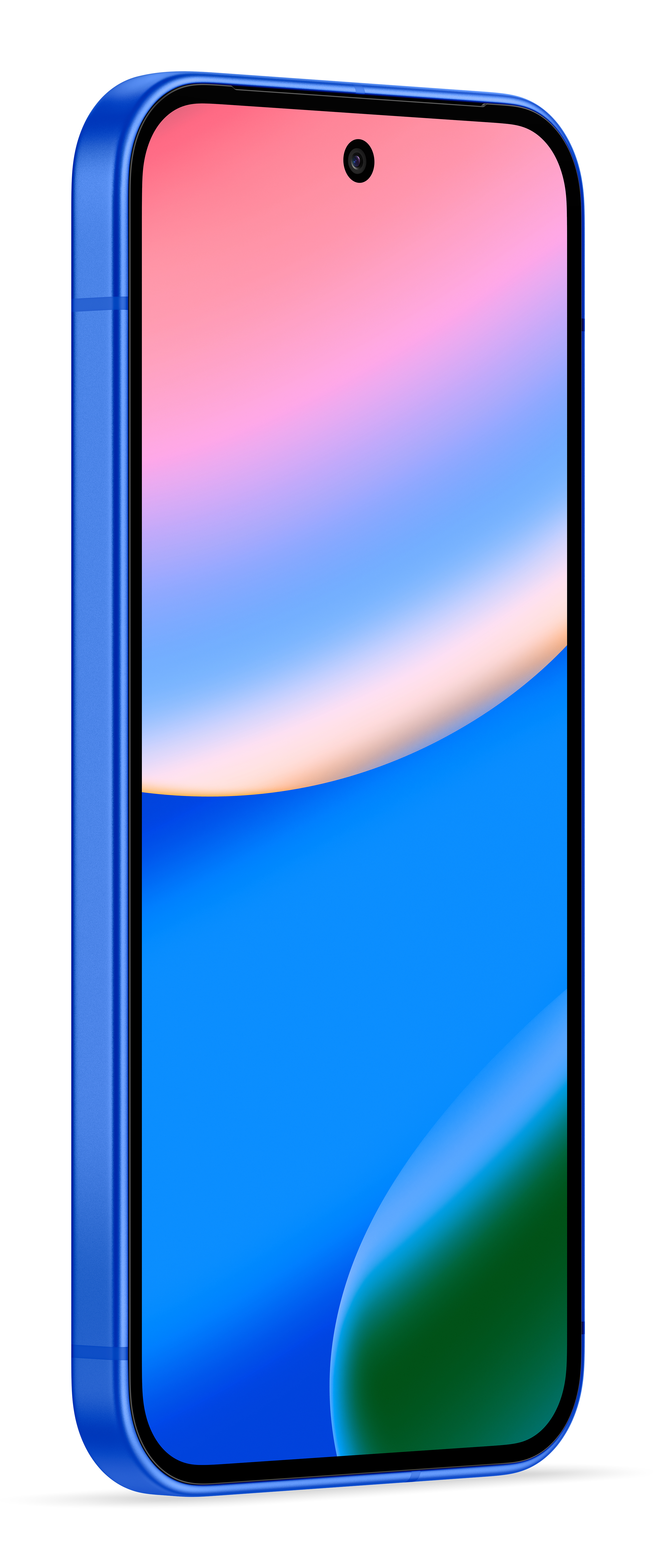 Uno smartphone blu con uno schermo che mostra una sfumatura di rosa, blu e verde. Ha una fotocamera e una cornice nere.