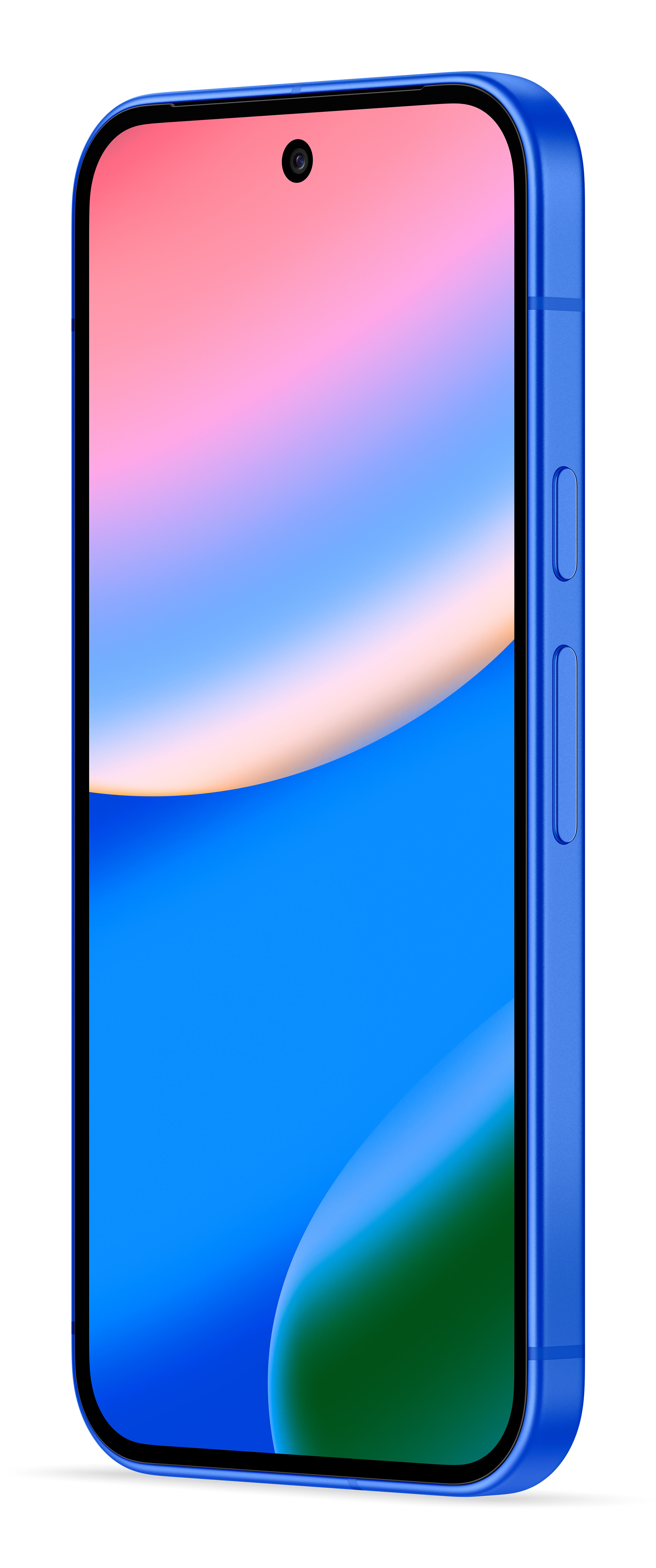 Smartphone blu con schermo colorato. Ha una fotocamera in alto. Lo sfondo è bianco.