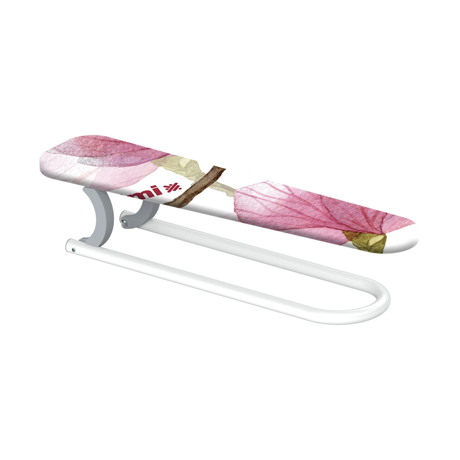Ein Bügelbrett mit floralem Design. Das Brett ist weiß mit rosa Blumen. Es hat ein weißes Metallgestell.
