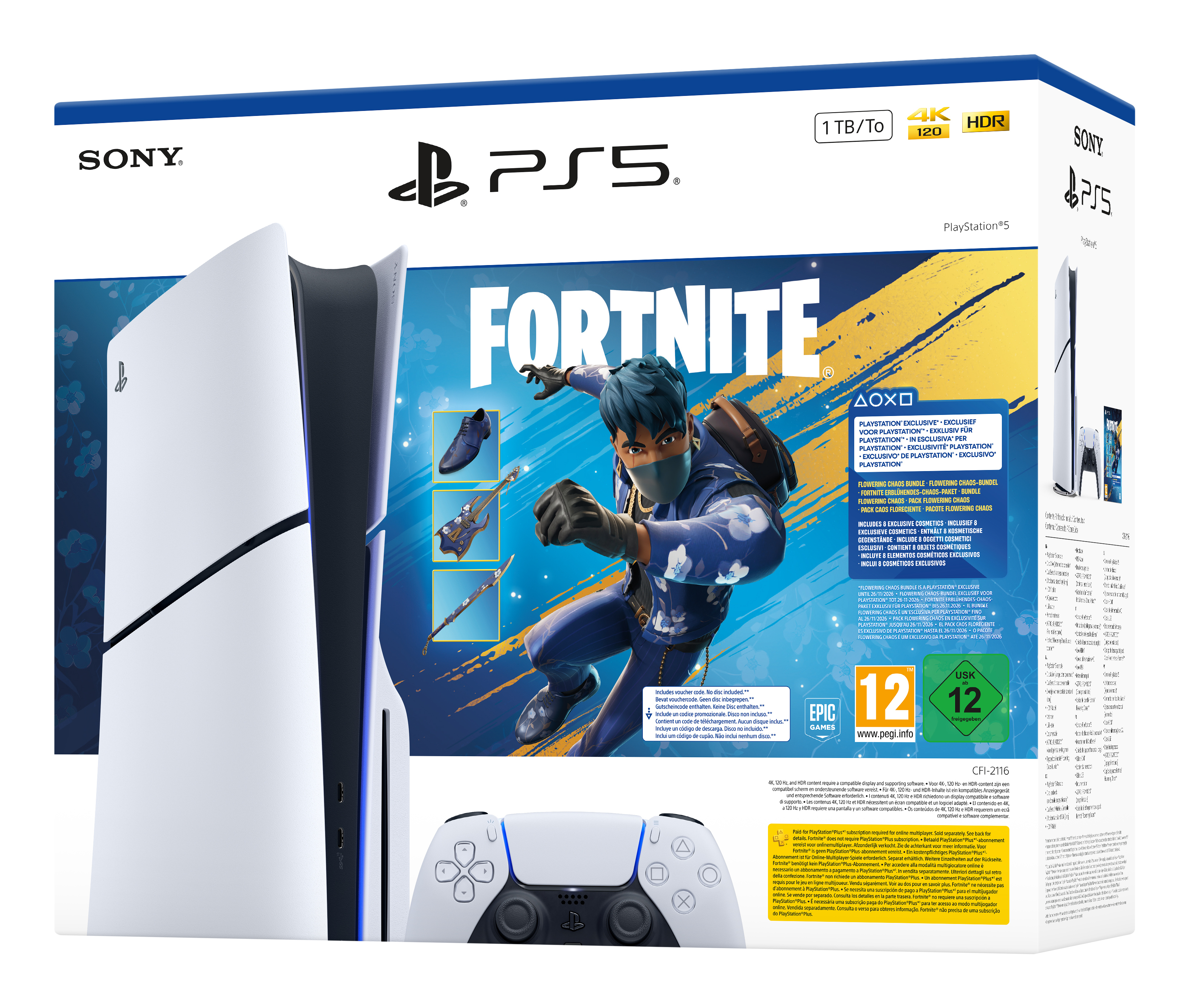 Pudełko konsoli PlayStation 5 z motywem Fortnite. Pokazuje konsolę, kontroler i szczegóły gry.