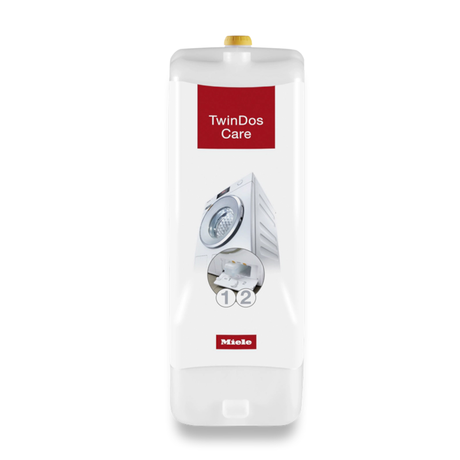 Bottiglia bianca con etichetta TwinDos Care, immagine di lavatrice e logo Miele. Ha un tappo giallo. Sono presenti i numeri 1 e 2.