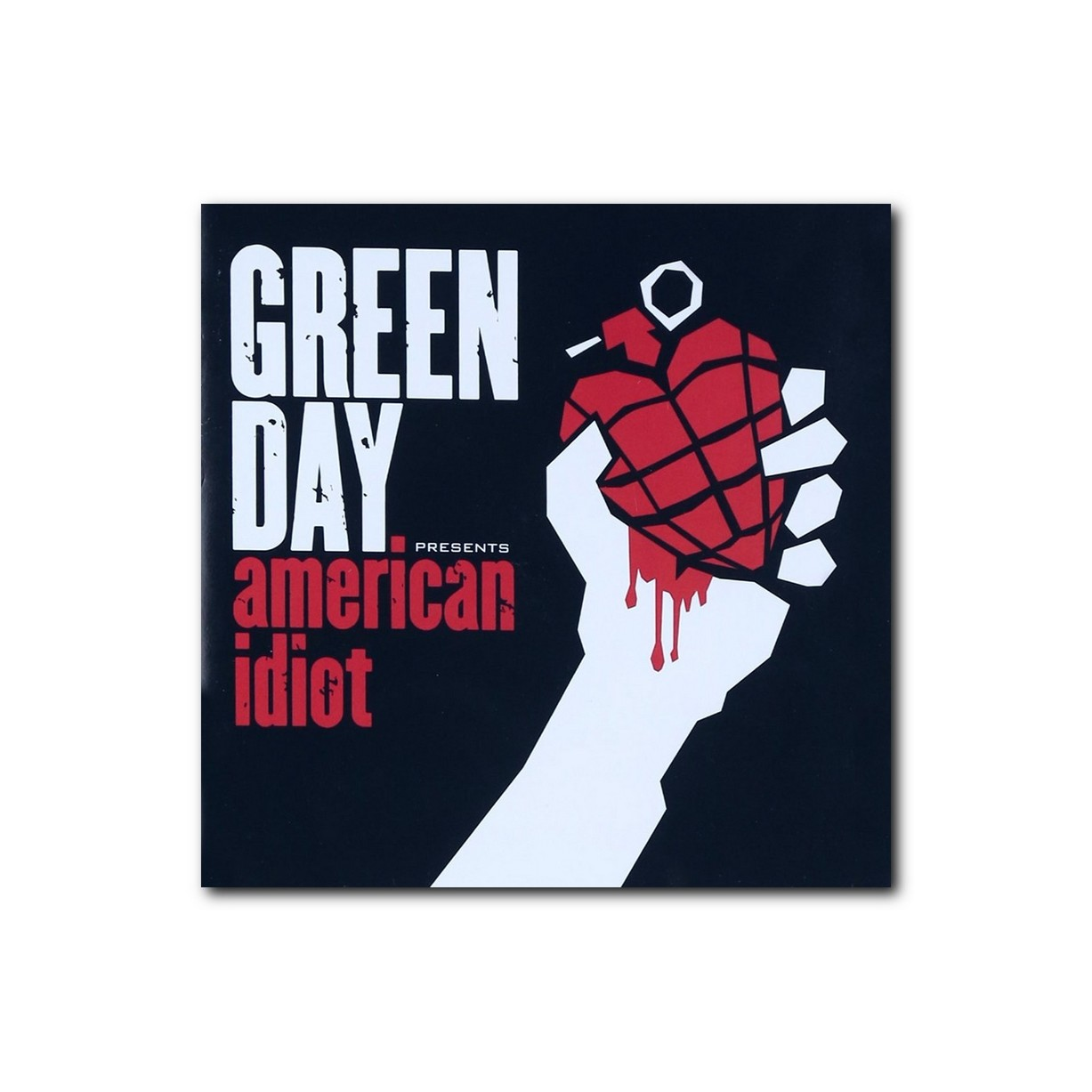 Copertina dell'album 'American Idiot' dei Green Day. Una mano bianca stringe una granata rossa a forma di cuore. Sfondo nero con testo bianco e rosso.