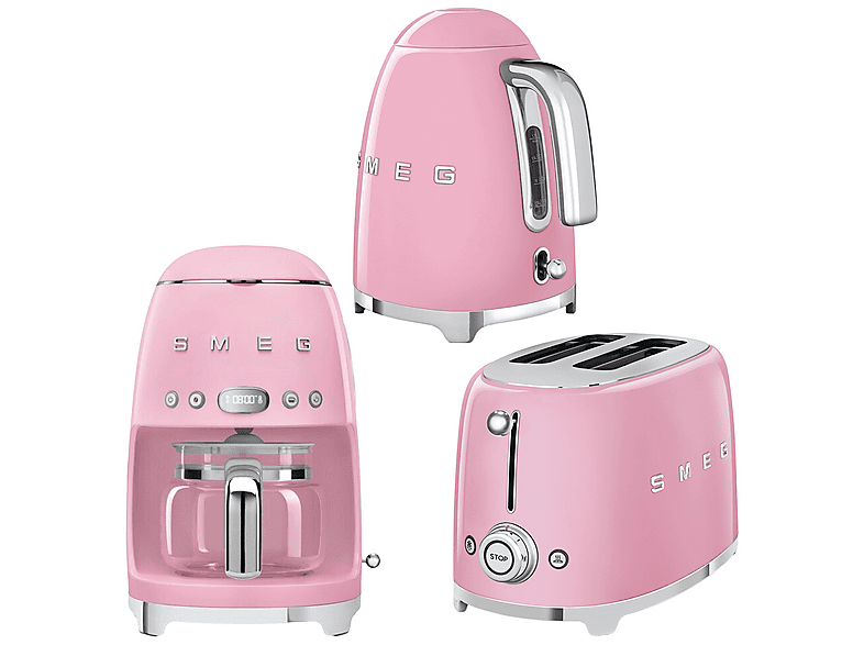 SMEG 50's Style  Kettle - 1x2 Ekmek Kızartma Makinesi Ve Filtre Kahve Makinesi Pembe