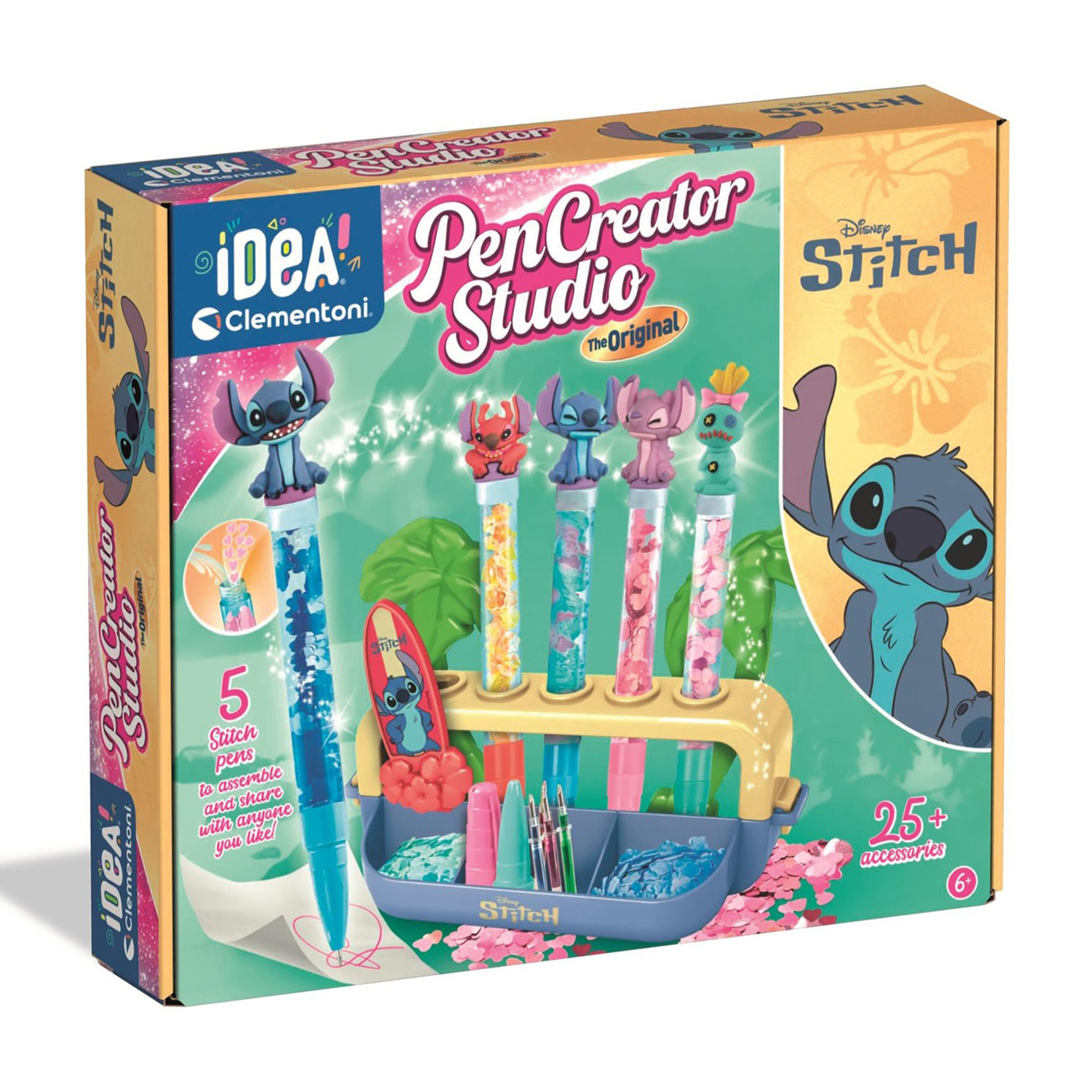 Grafika pudełka dla zestawu do tworzenia pisaków Stitch. Zawiera pisaki, figurki Stitch i akcesoria. Zawiera postacie Disneya Stitch.