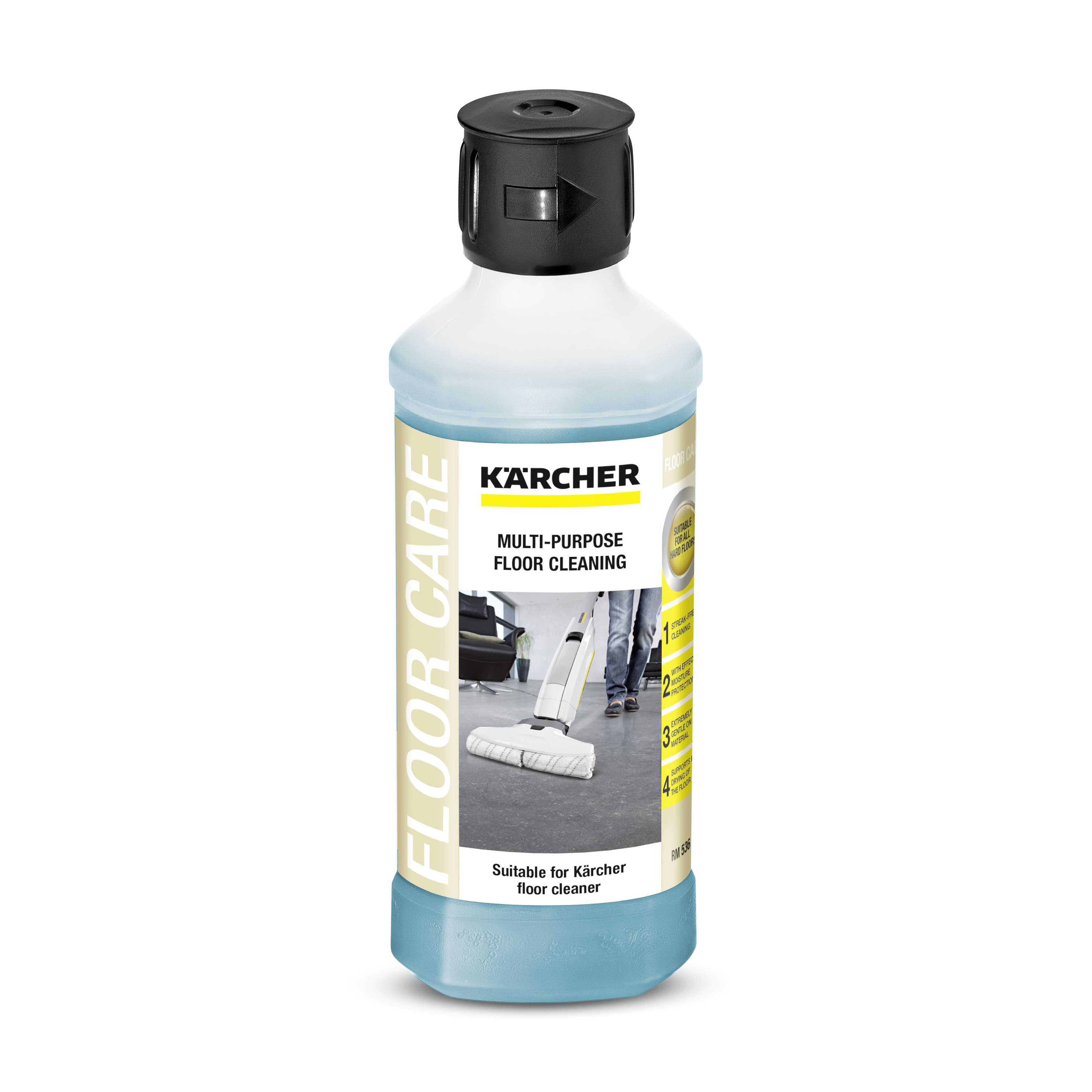 Eine Flasche Kärcher Bodenreiniger mit schwarzem Deckel, blauer Flüssigkeit und einem Etikett mit Bodenreinigung.
