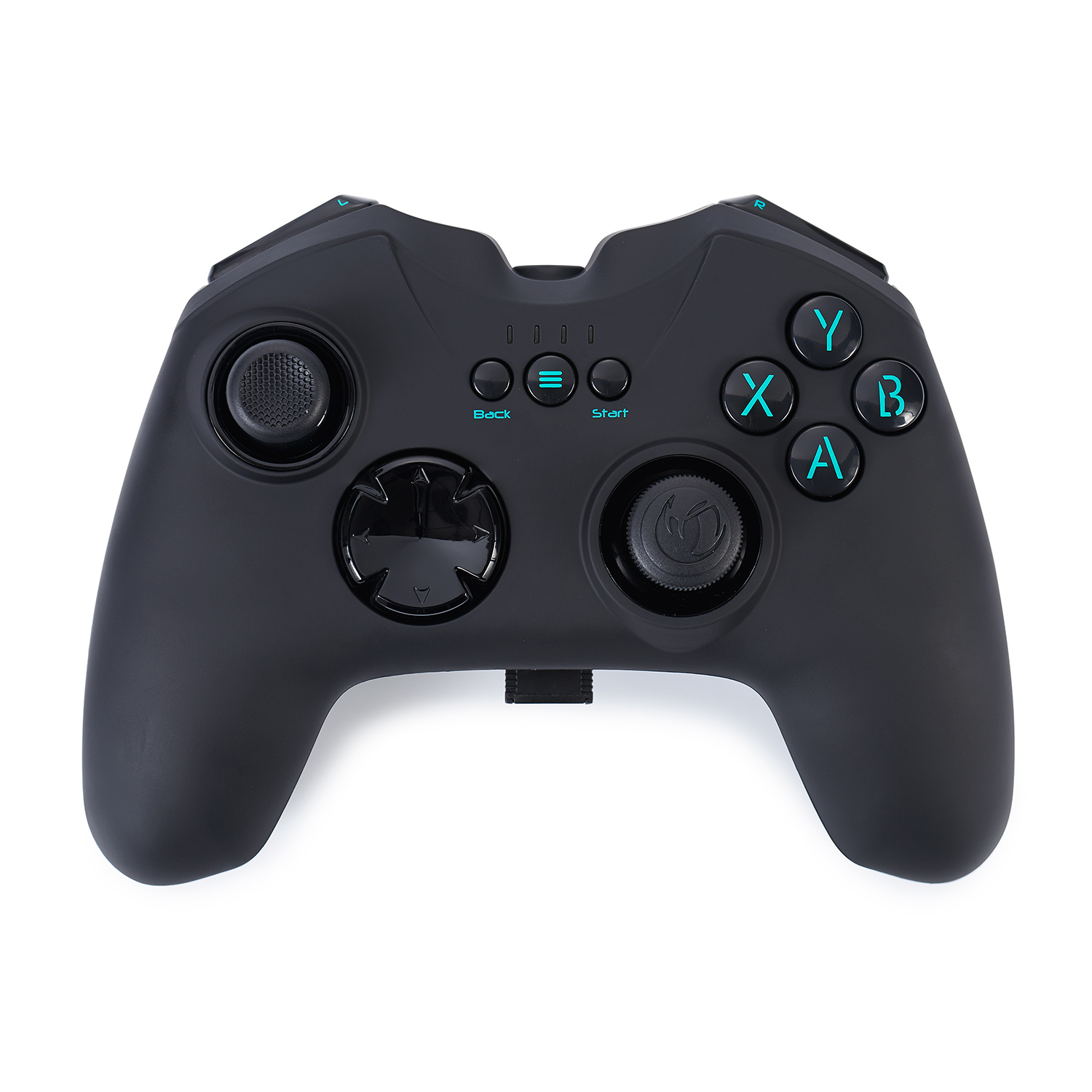 Un controller di gioco nero con pulsanti: X, Y, A, B e Start. Il controller è su sfondo bianco.