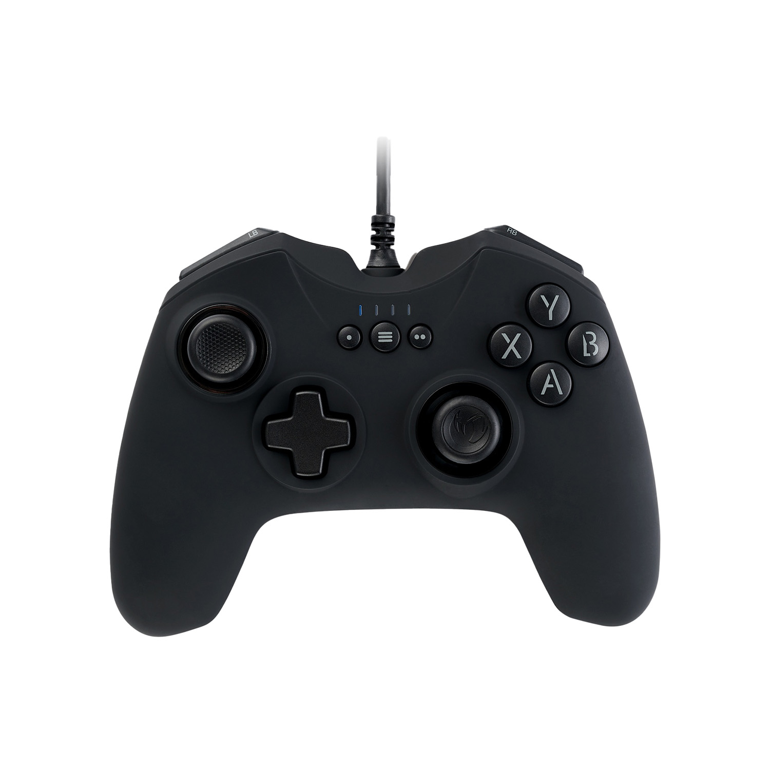 Een zwarte gamepad met knoppen, thumbsticks en een D-pad. Het heeft een aangesloten kabel en is geïsoleerd op een witte achtergrond.