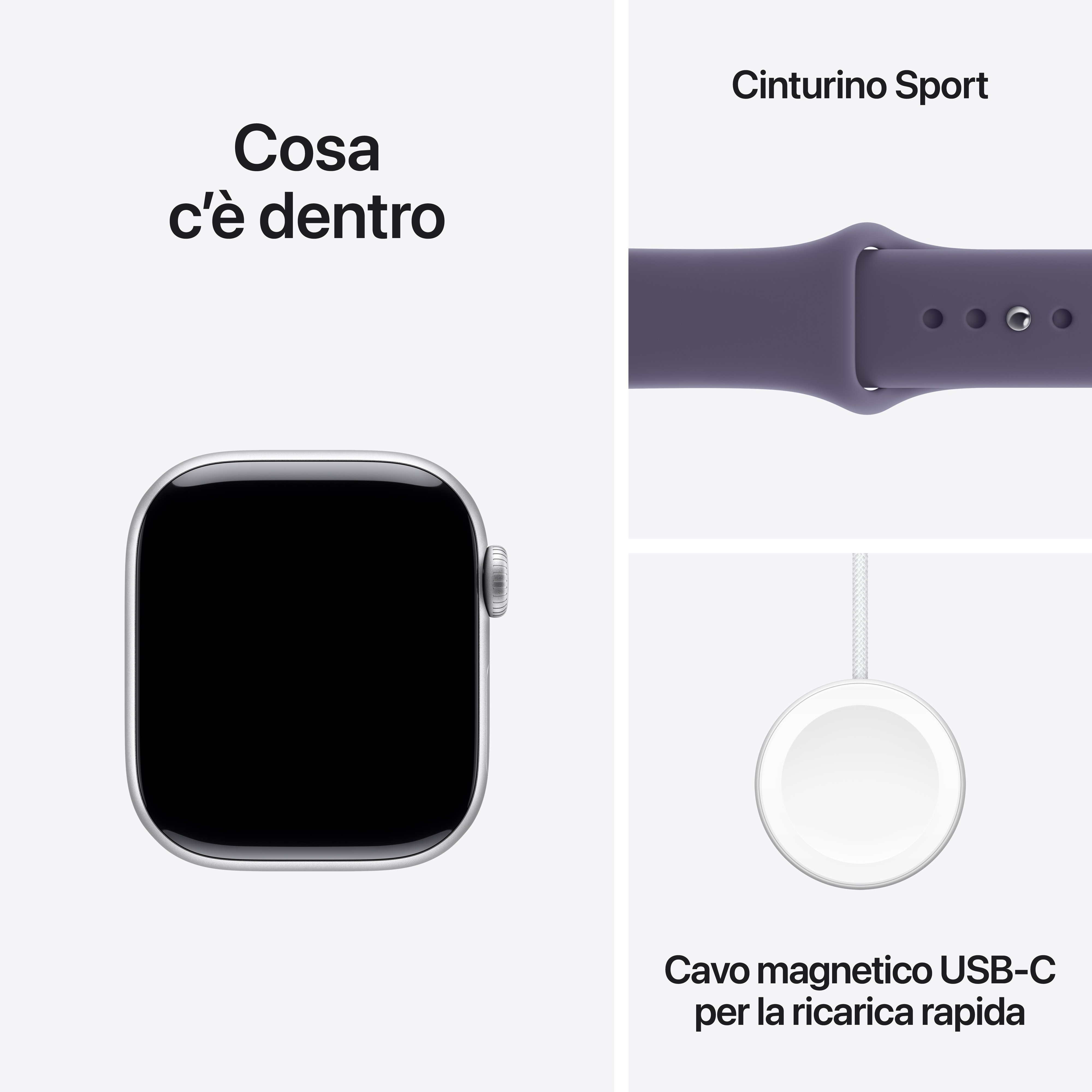 Obraz przedstawia Apple Watch ze sportowym paskiem i magnetyczną ładowarką USB-C. Obecny jest też włoski tekst.