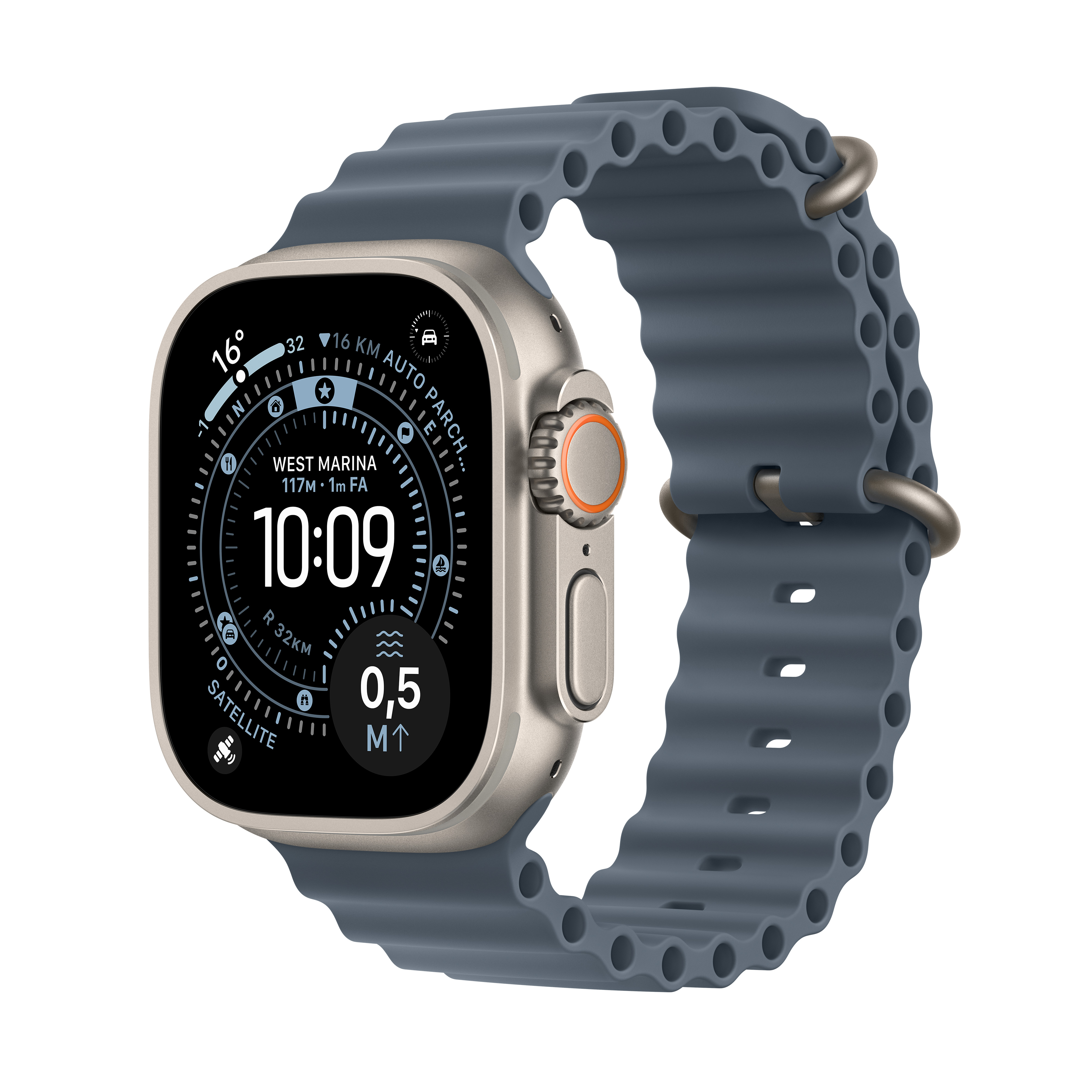 Un Apple Watch Ultra con cinturino grigio, che mostra l'ora e altre informazioni sullo schermo. L'orologio è su sfondo bianco.