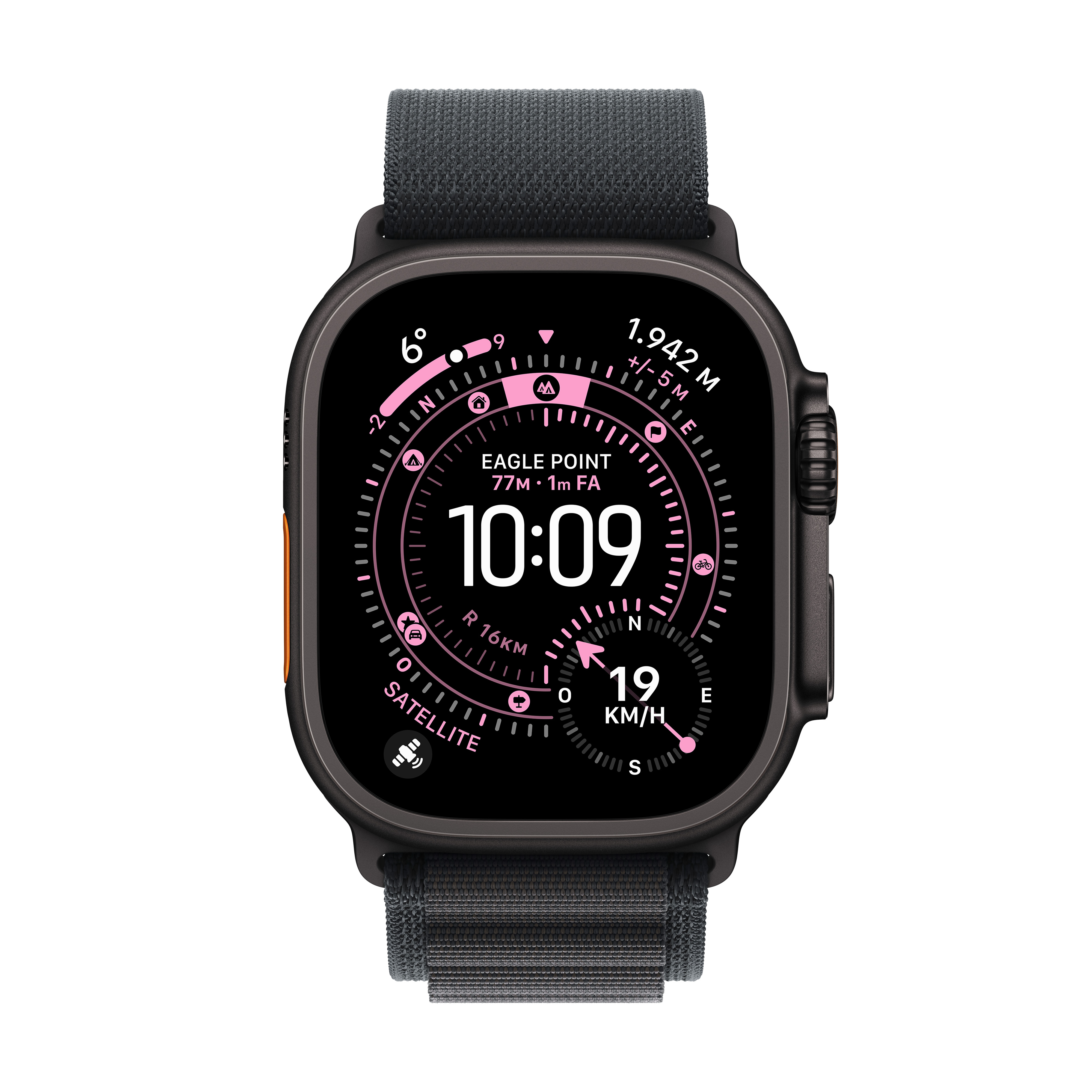 Uno smartwatch grigio scuro visualizza l'ora, la velocità e i dati sulla posizione. L'orologio ha un cinturino grigio scuro e un pulsante laterale arancione.
